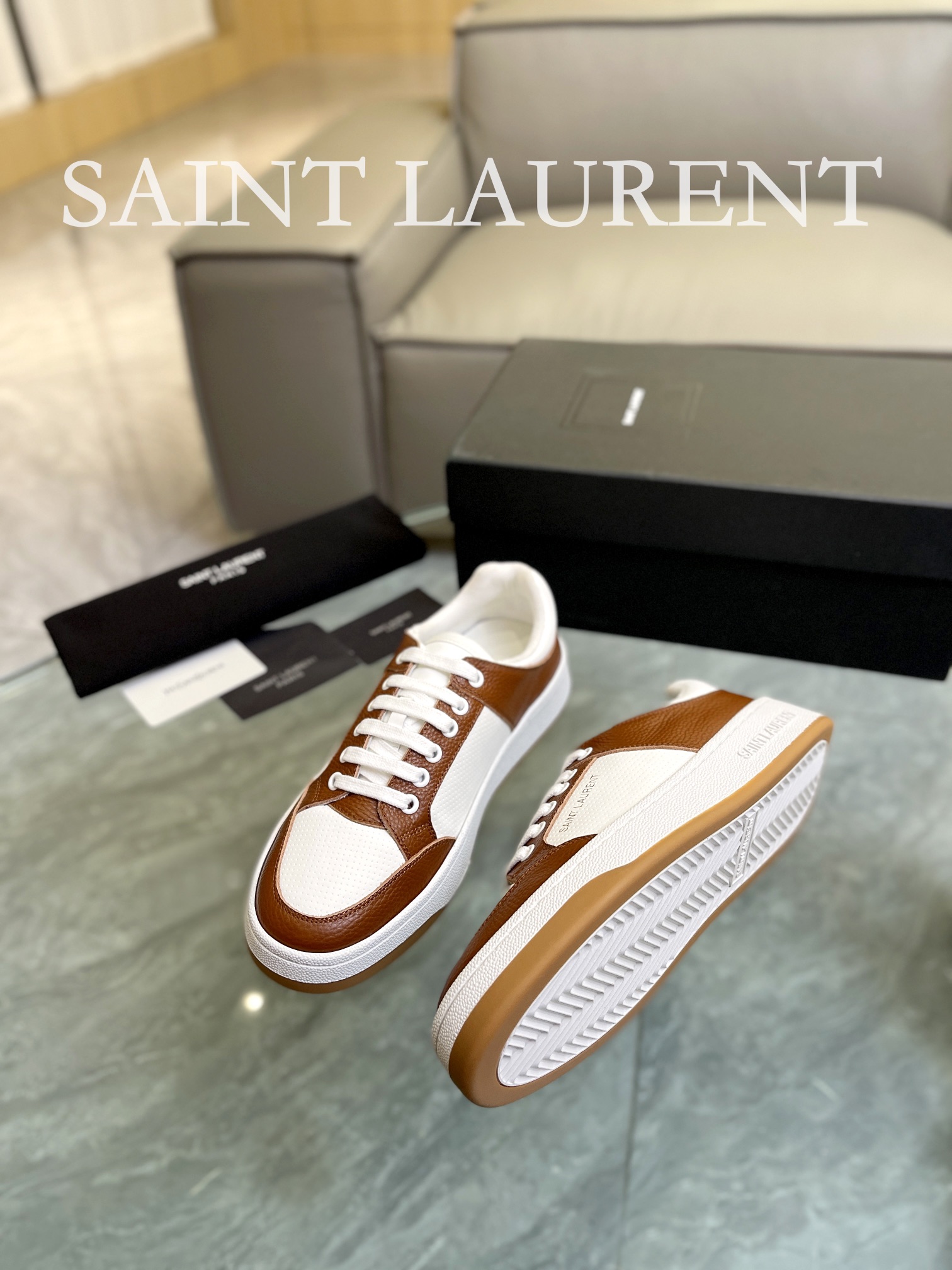 YSL SL61 Leather Sneakers Brown/White