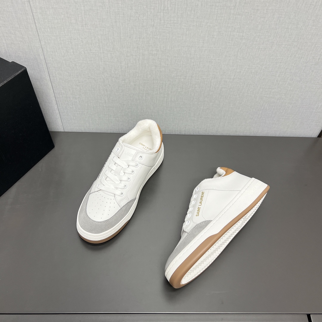 YSL SL/61 Low-Top Leather Sneakers White/Grey/Tan