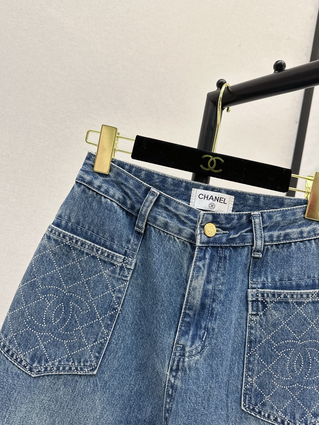 Chanel Logo Quilted Straight Jeans Blue