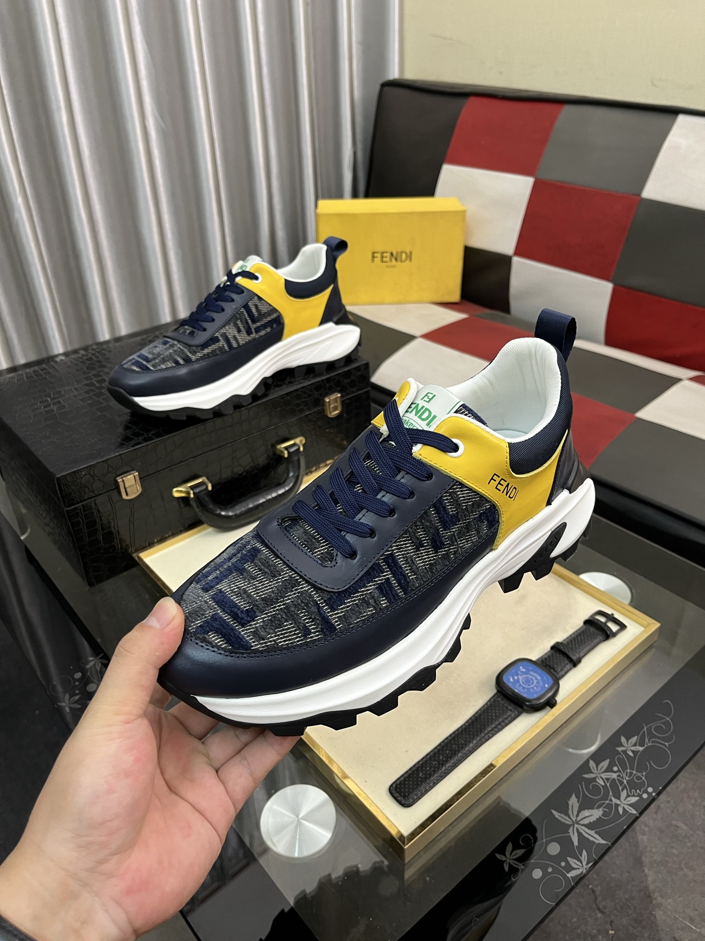 Fendi Leather Chunky Sneakers Navy/Yellow