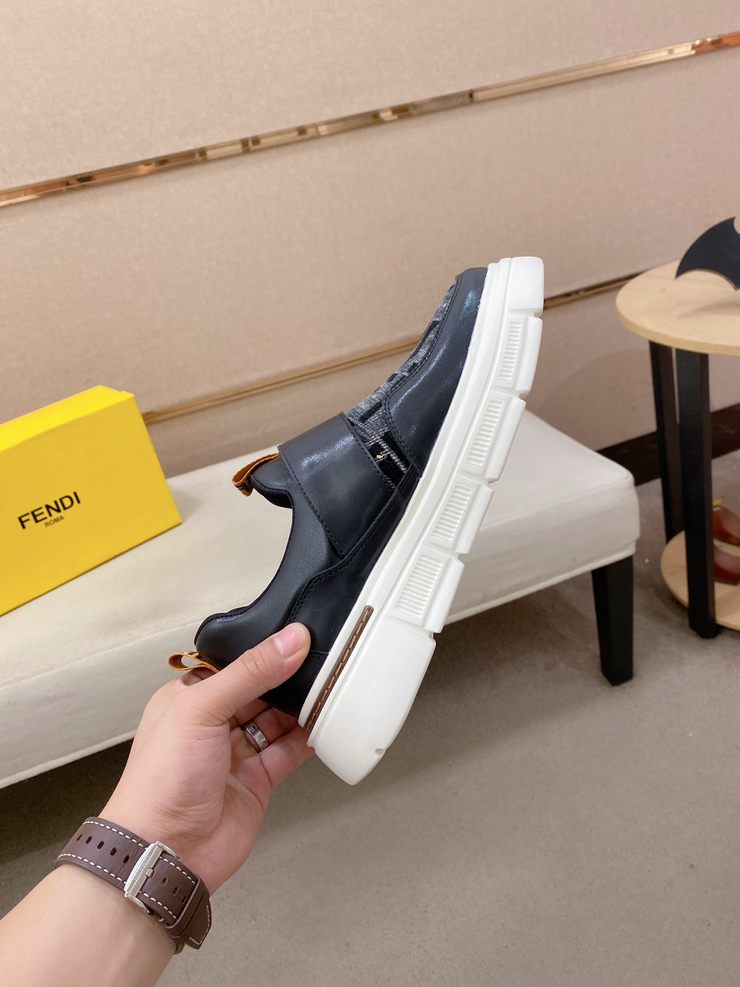 Fendi Leather Knit Slip-On Sneaker Black