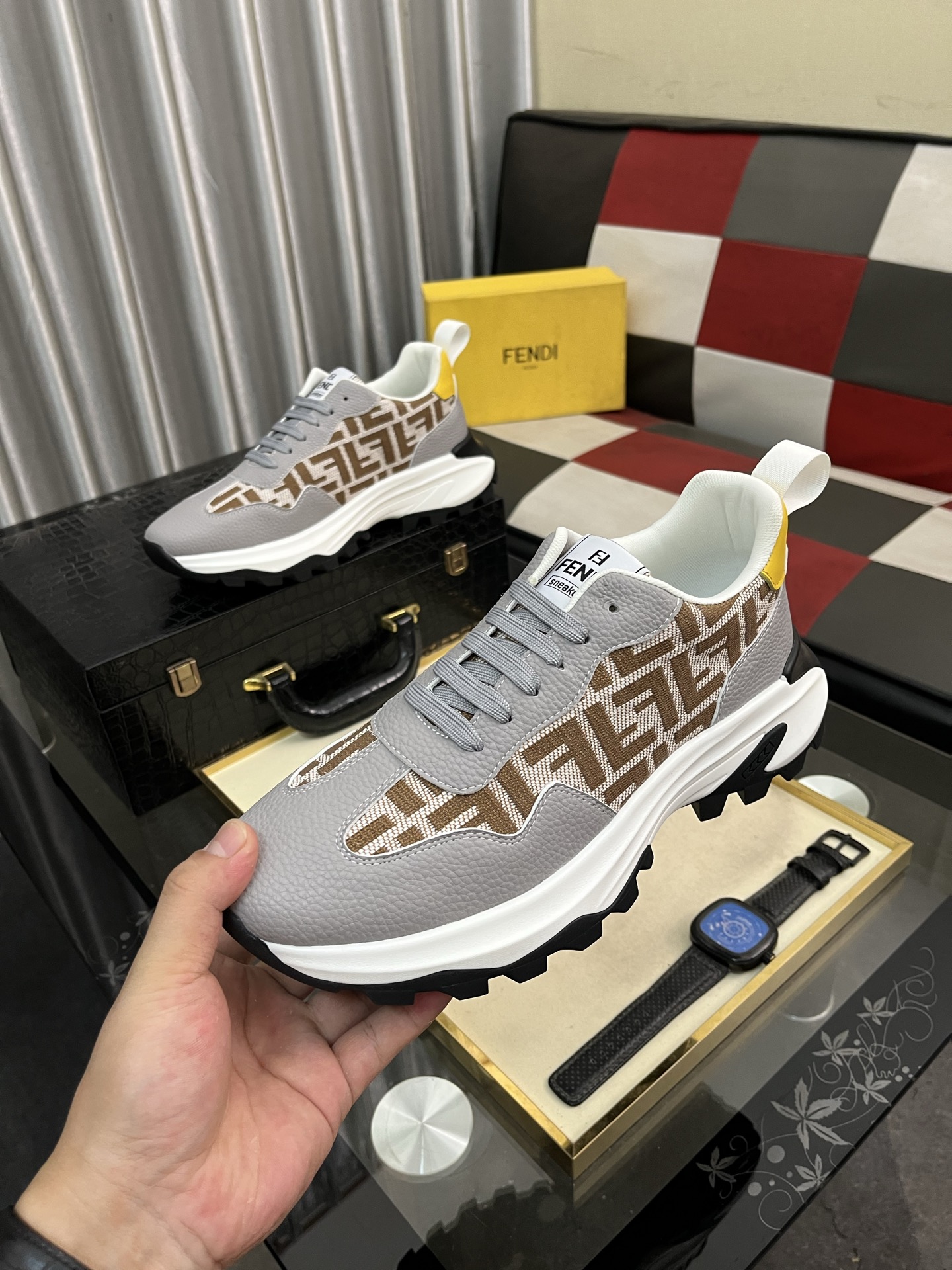 Fendi FF Knit Chunky Sneakers Gray