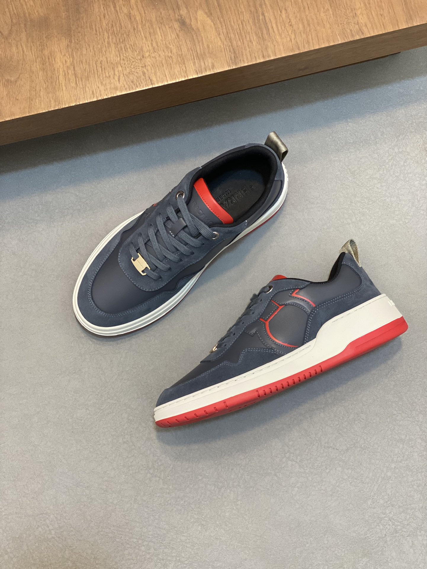 Ferragamo Nappa Leather Logo Sneakers Navy Red