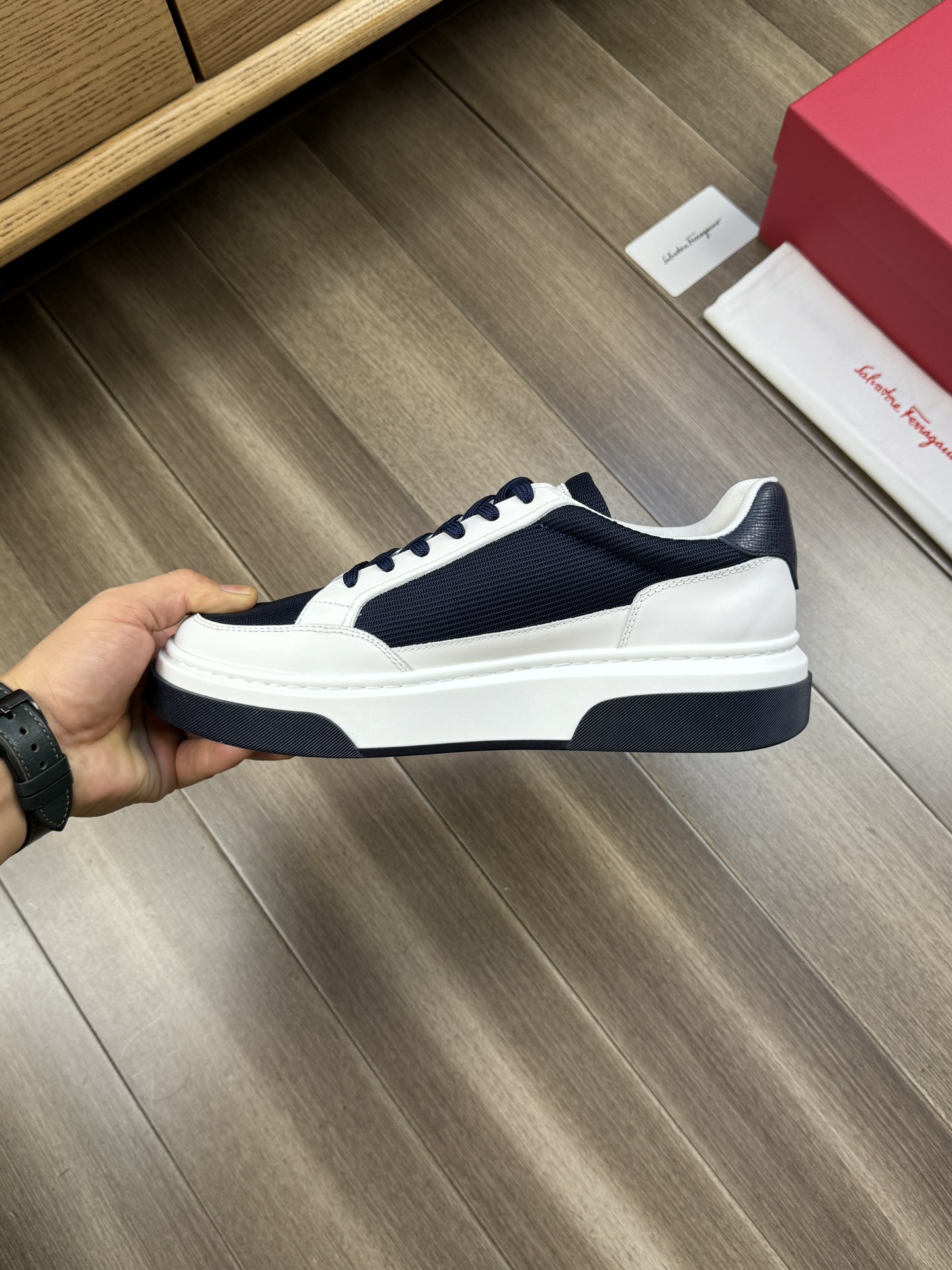 Ferragamo Logo Canvas Low-Top Sneakers Navy/White