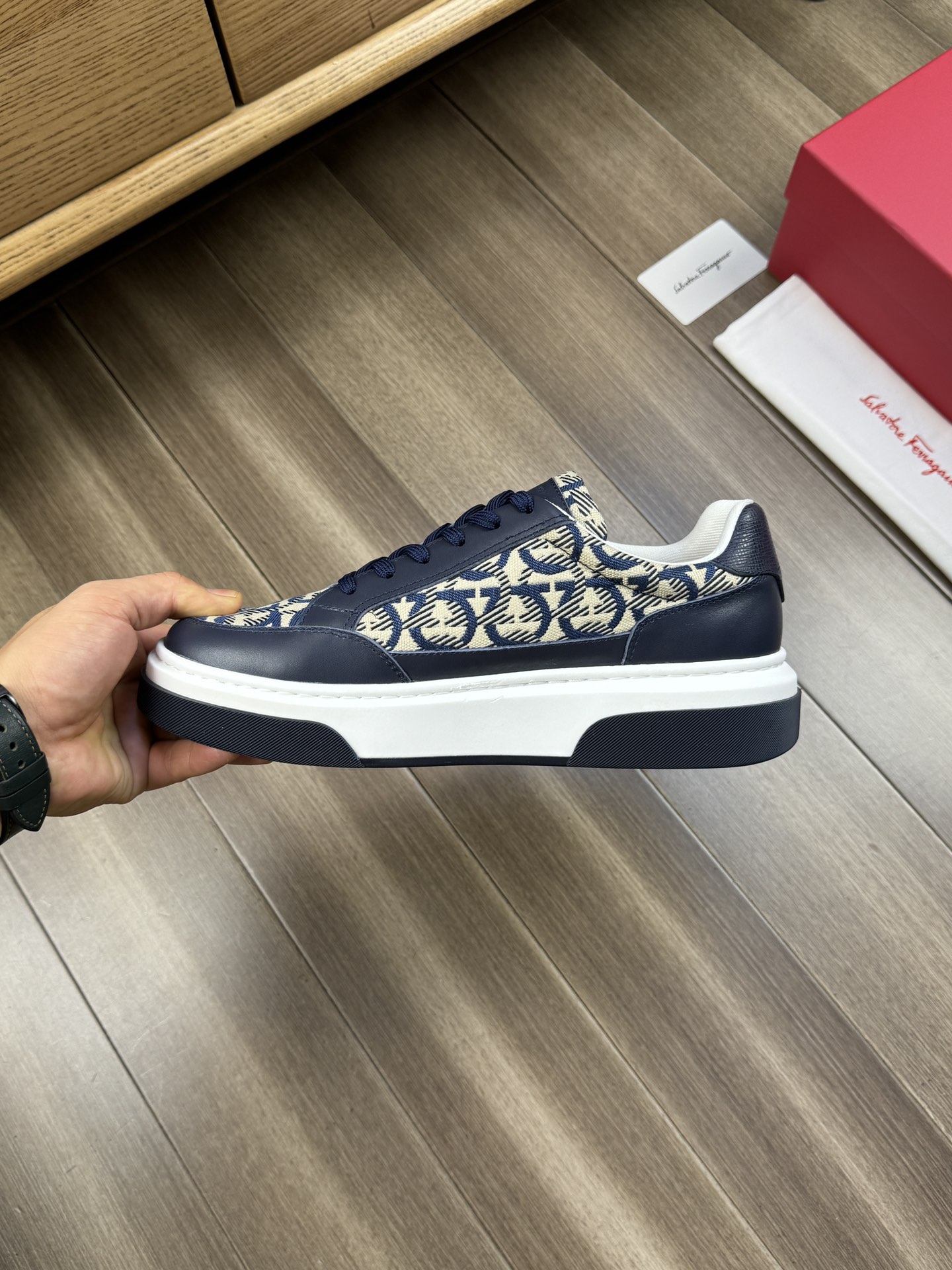 Ferragamo Gancini Canvas Leather Sneakers Navy
