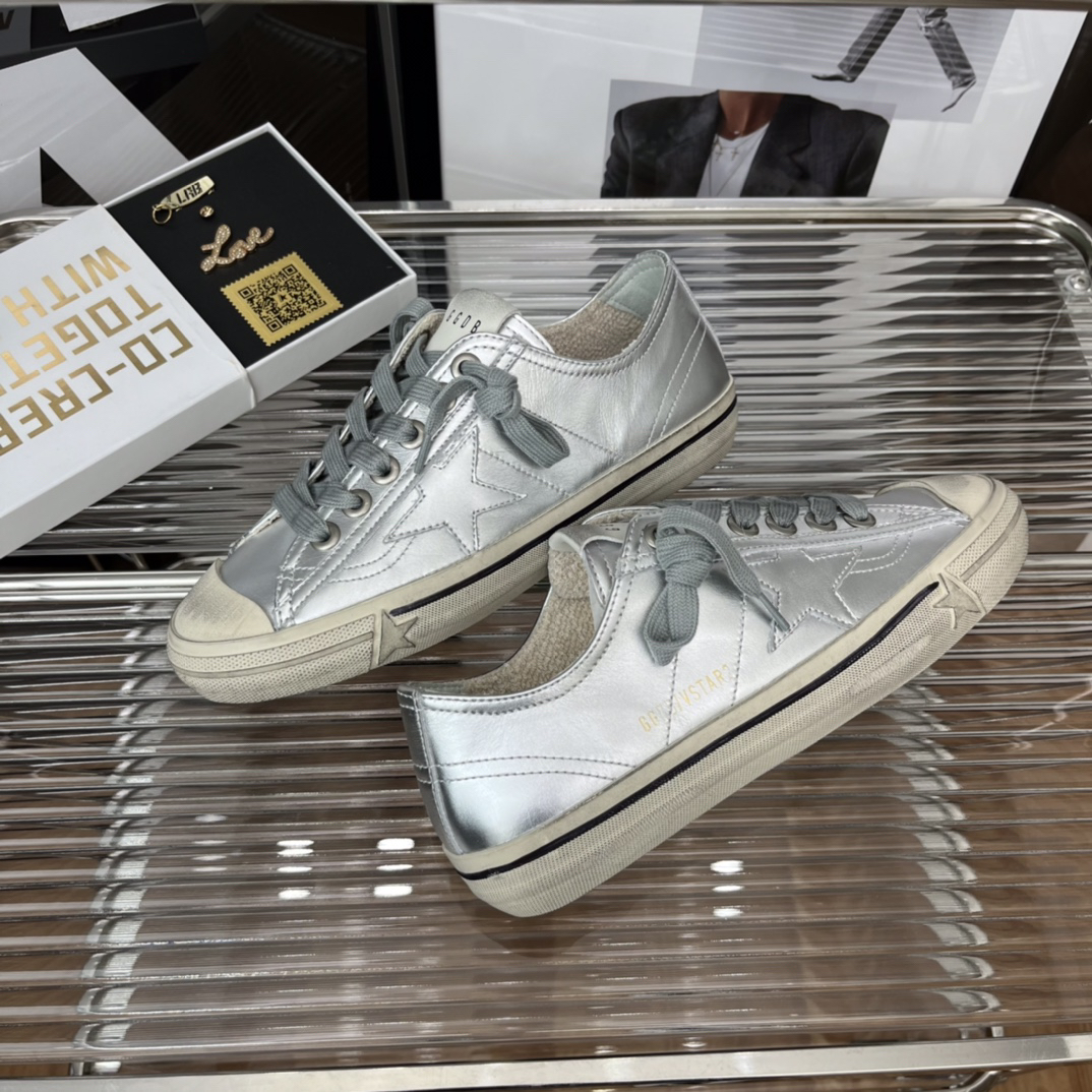 Golden Goose V-Star2 Distressed Sneakers Silver