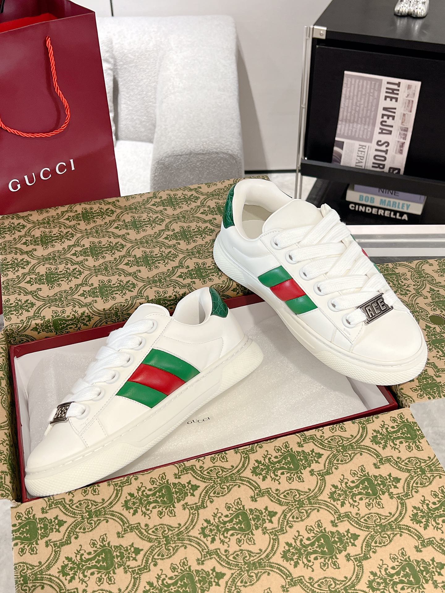 Gucci Ace Thick-Sole Sneakers White Green Red