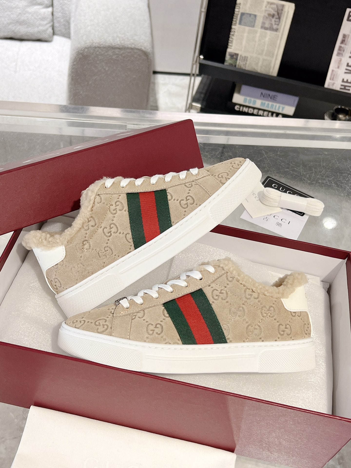 Gucci Ace GG Suede Shearling Sneakers Beige