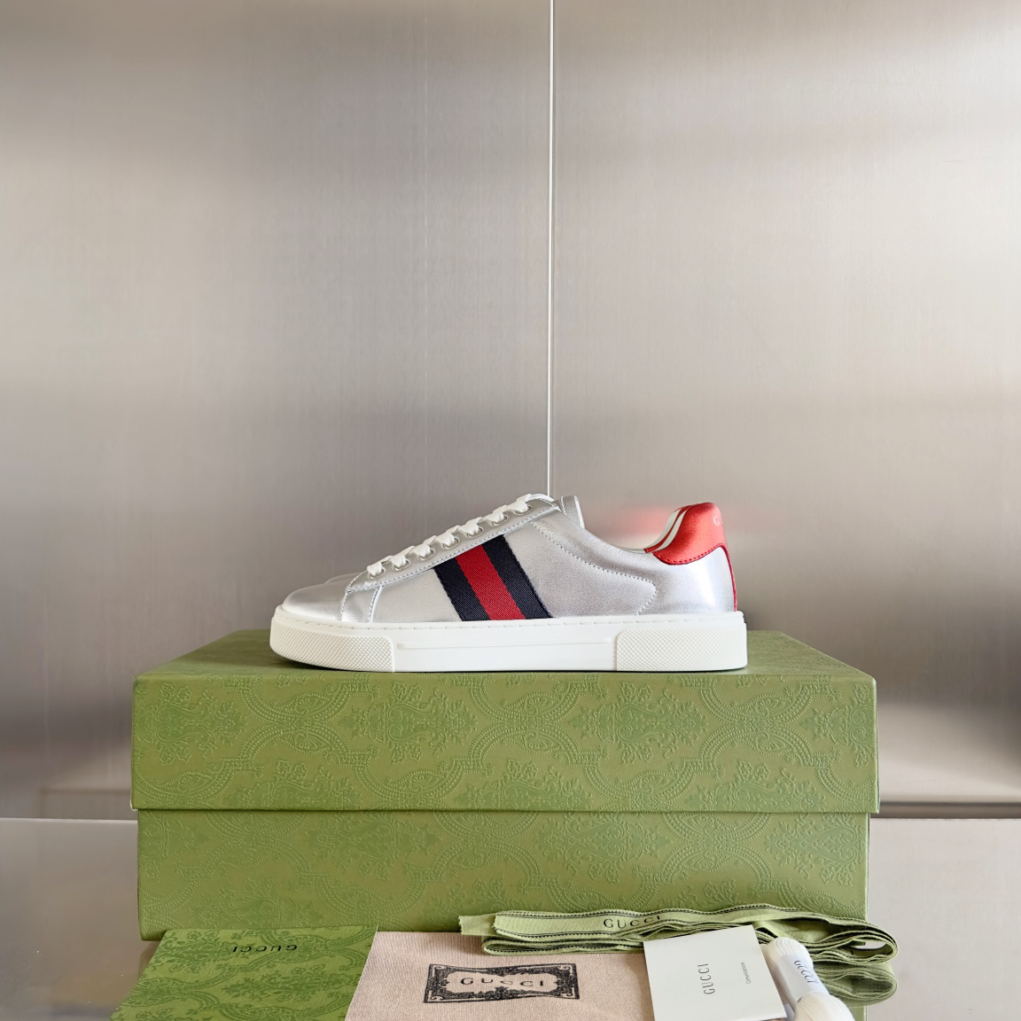 Gucci Ace Leather Sneakers Silver