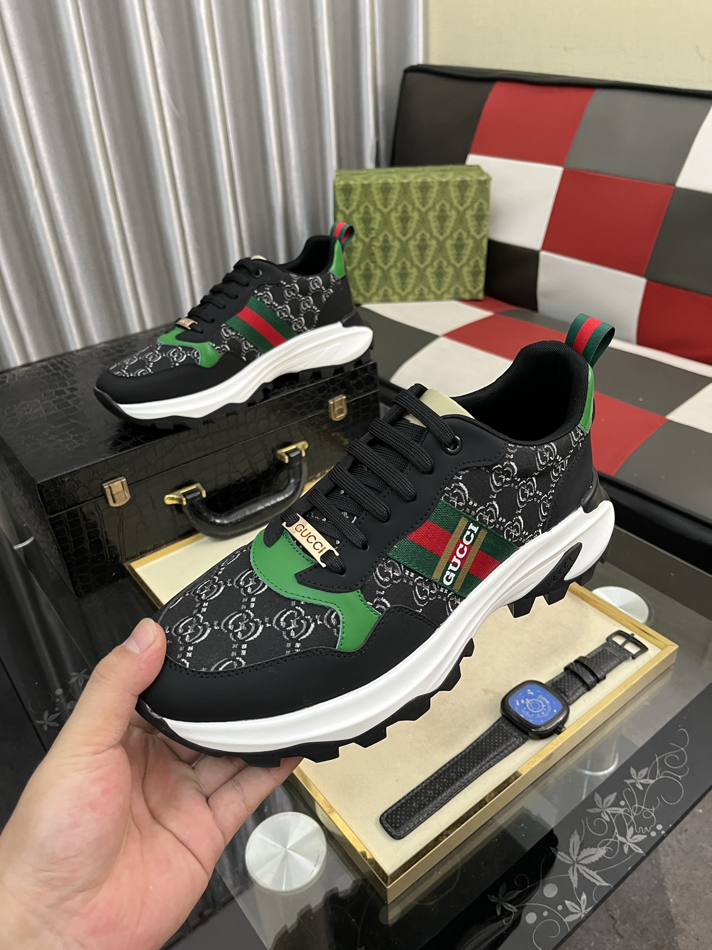 Gucci Web Stripe GG Sneakers Black/Green/Red