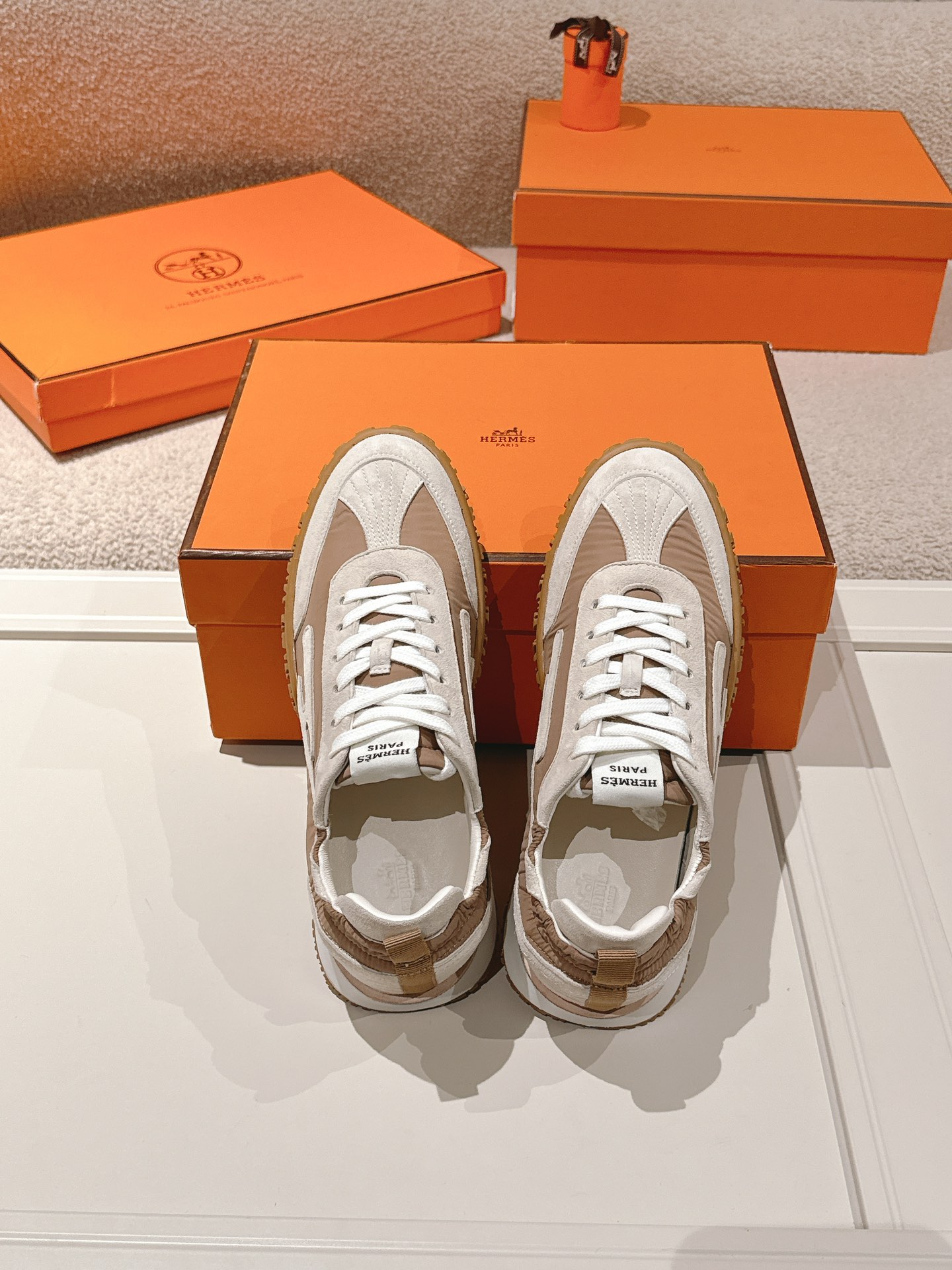 Hermes H Suede Sport Sneakers Tan/White