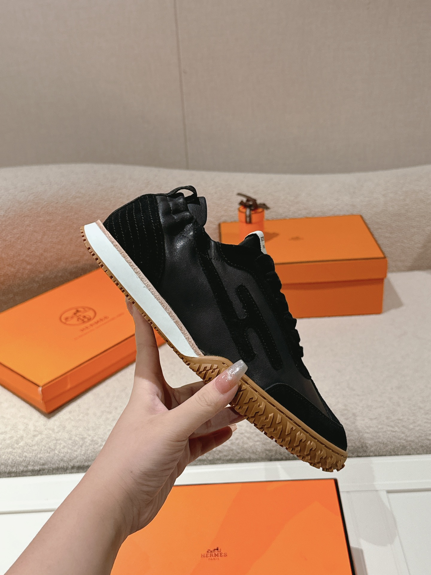 Hermes H Detail Suede Sneakers Black