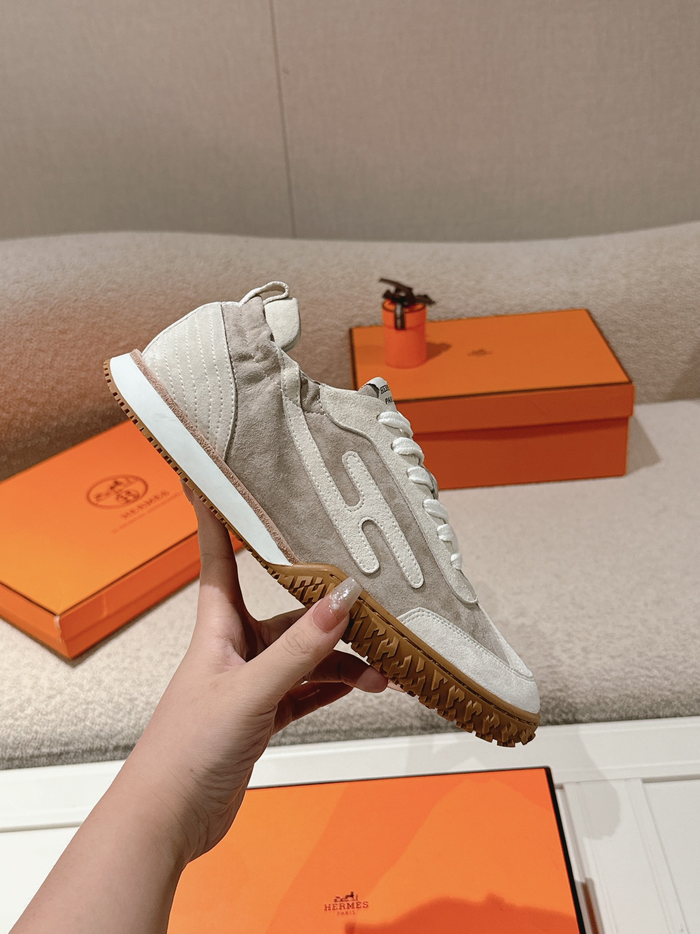 Hermes Suede H Sneakers Beige