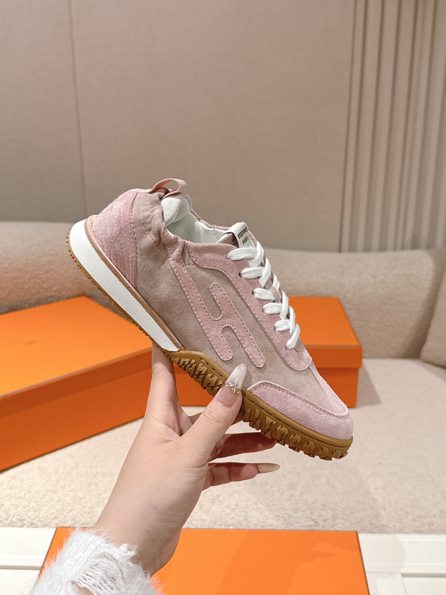 Hermes H Detail Suede Sneakers Pink