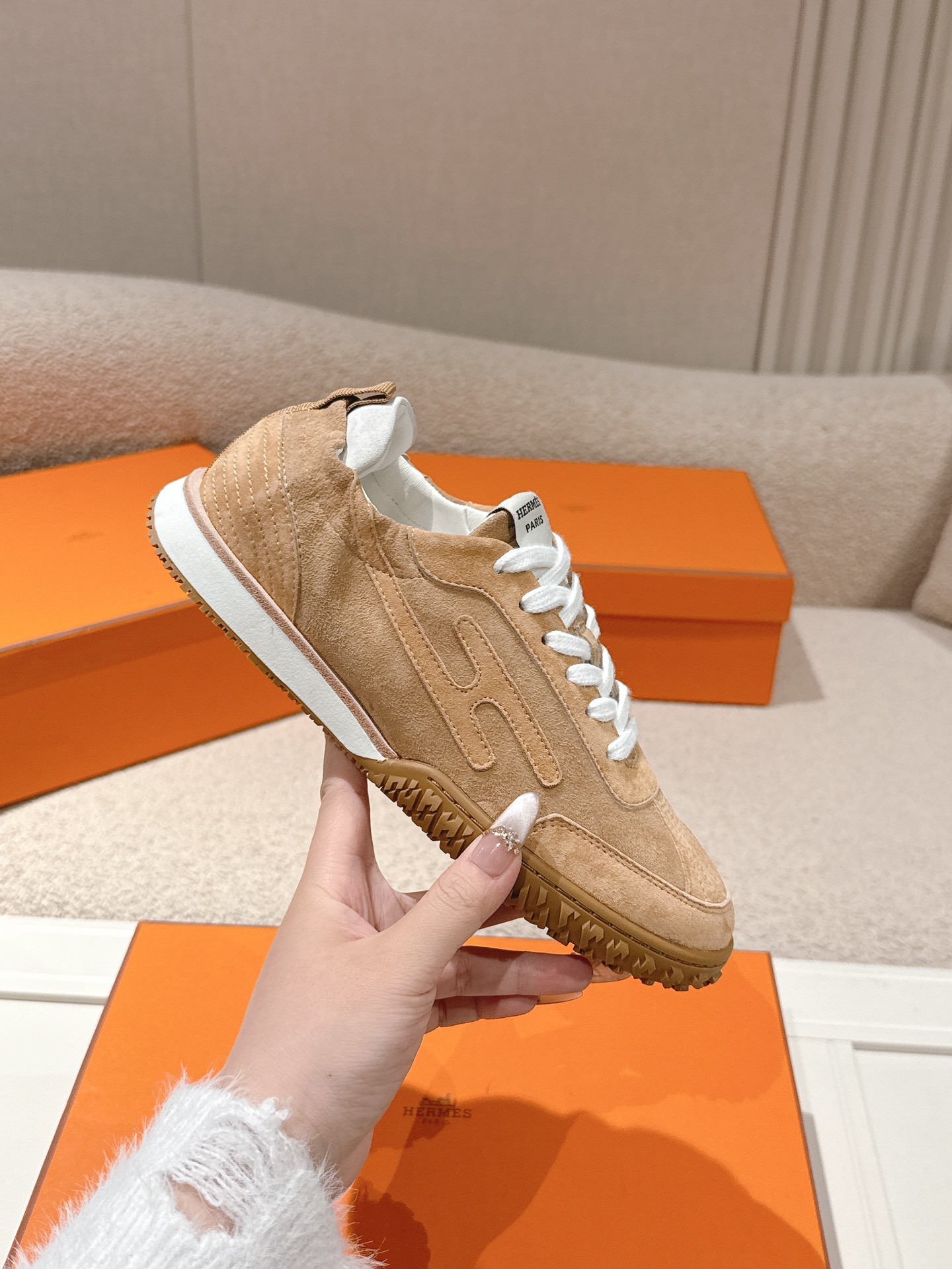 Hermes Suede H Sneakers Tan