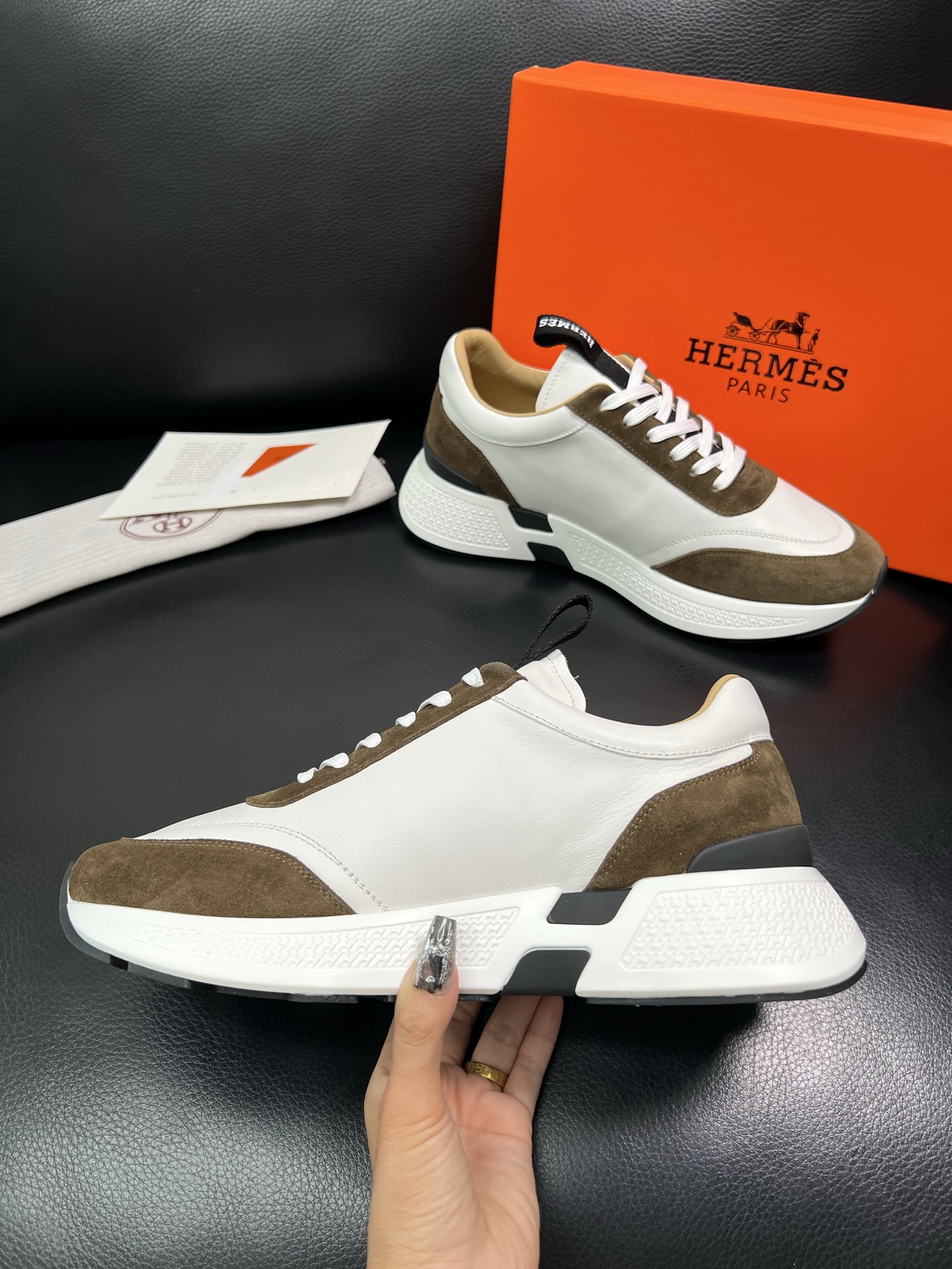 Hermes Leather & Suede Low Sneakers White/Brown