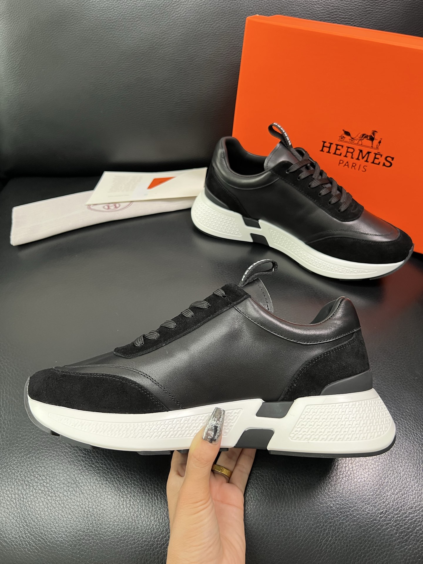 Hermes Leather Low-Top Sneakers Black