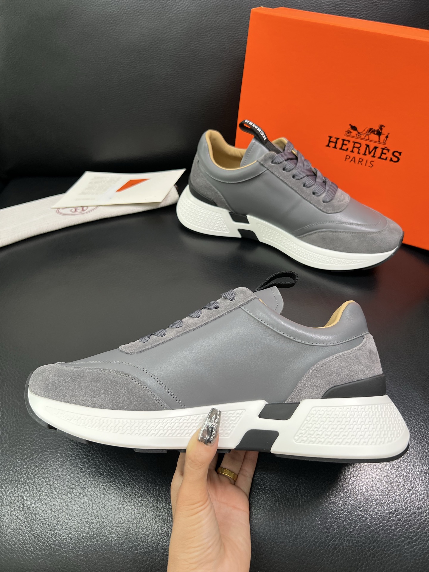 Hermes Leather Suede Sneakers Grey
