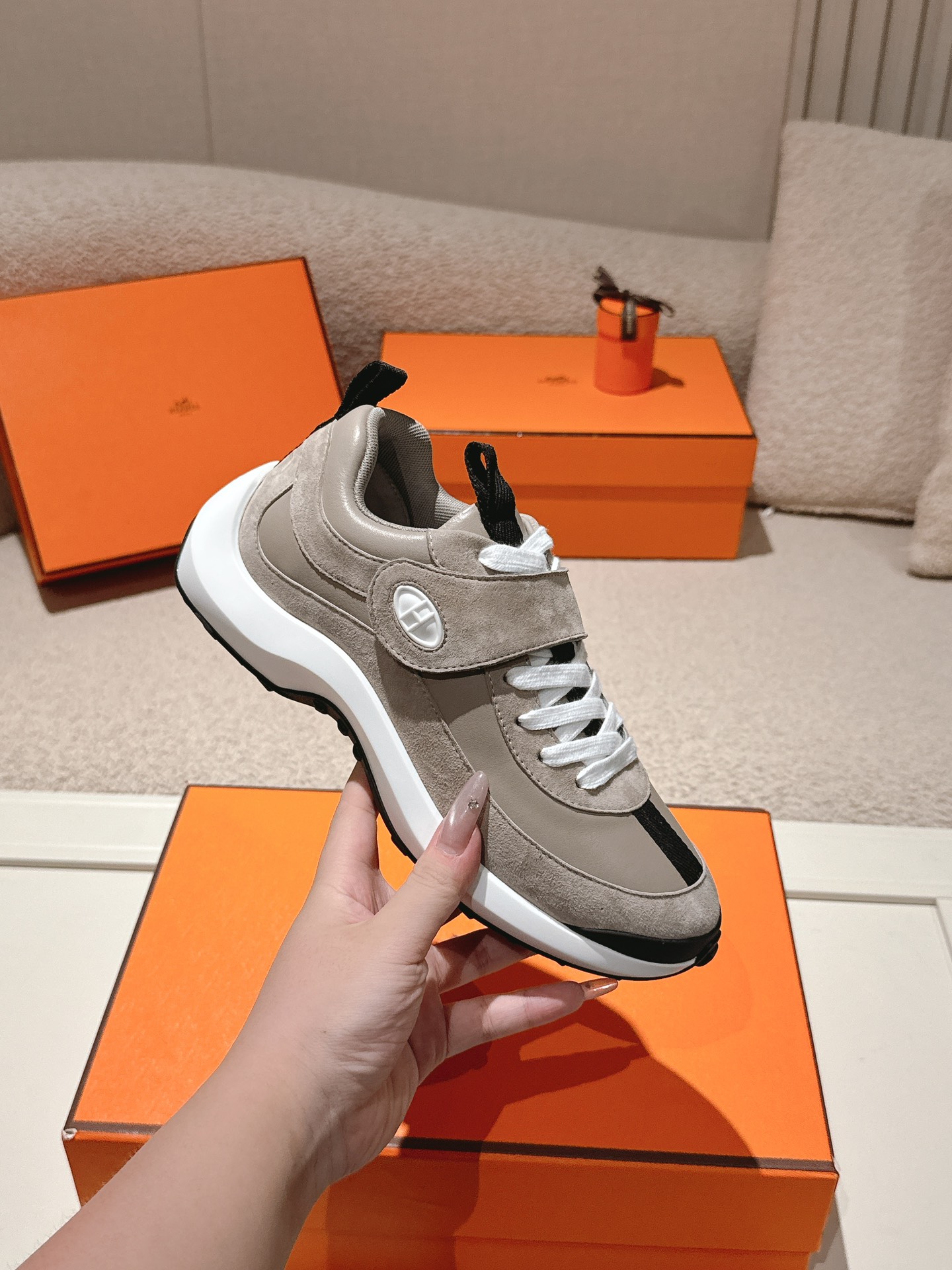 Hermes Leather Suede Sneakers Gray