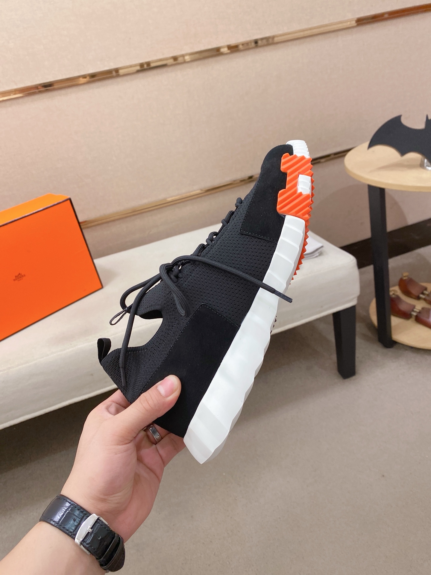 Hermes Knit Leather Sneakers Black