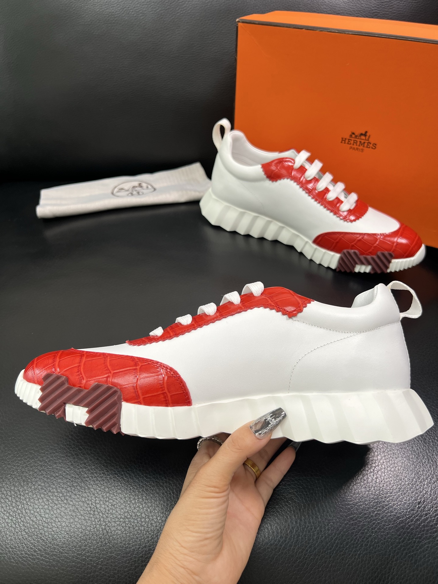 Hermes Leather Chunky Sneakers Red/White