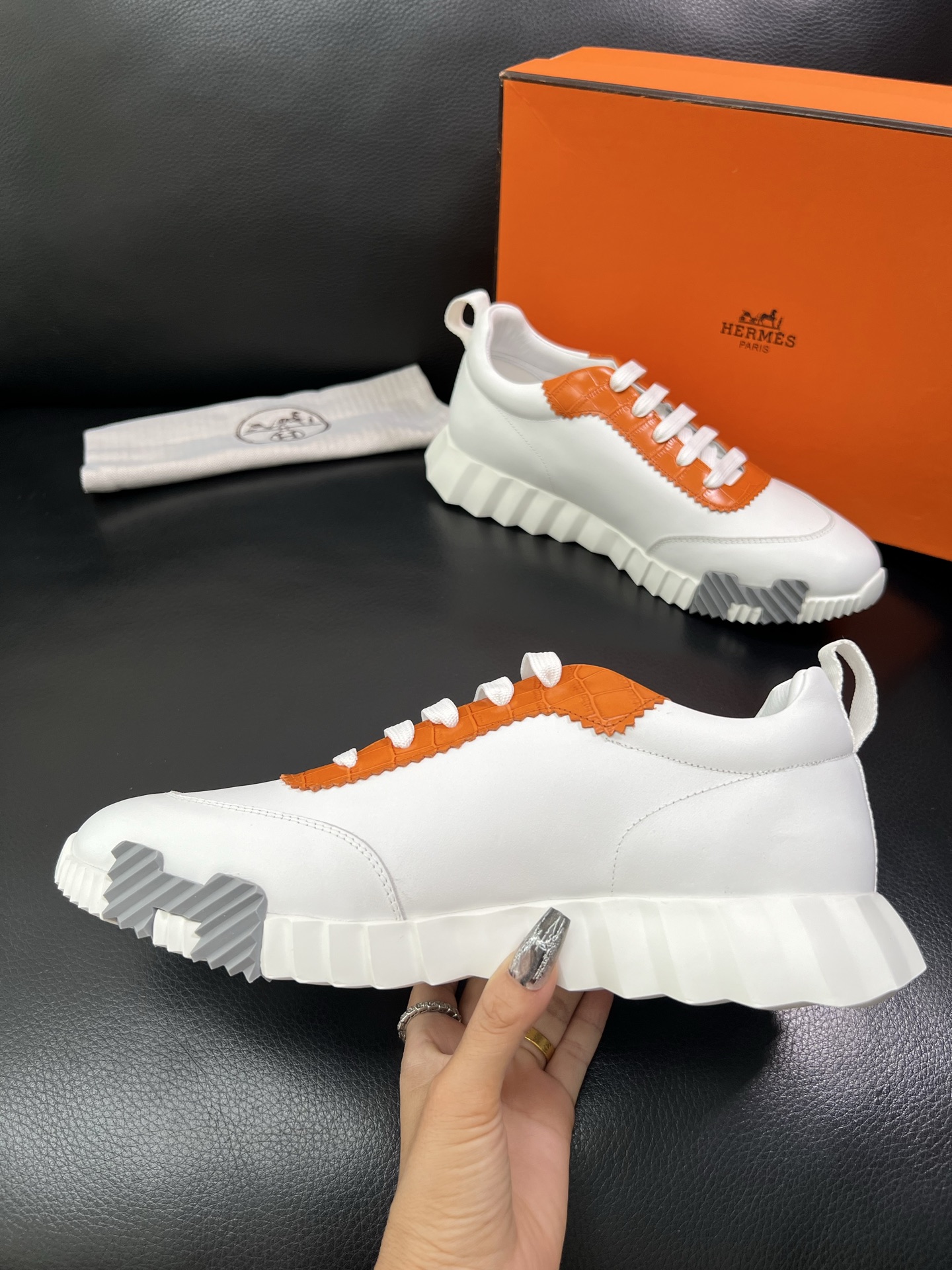 Hermes Leather Chunky Sneakers White/Orange