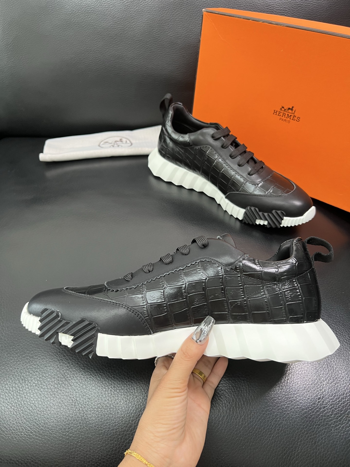 Hermes Croc-Embossed Sneakers Black