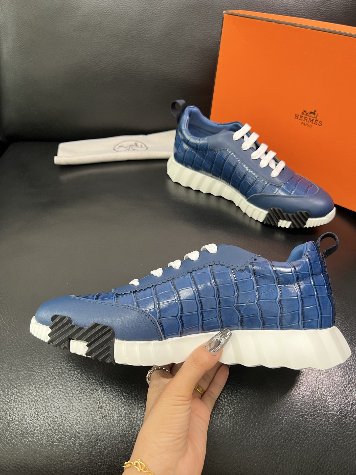 Hermes Croc-Embossed Leather Sneakers Blue