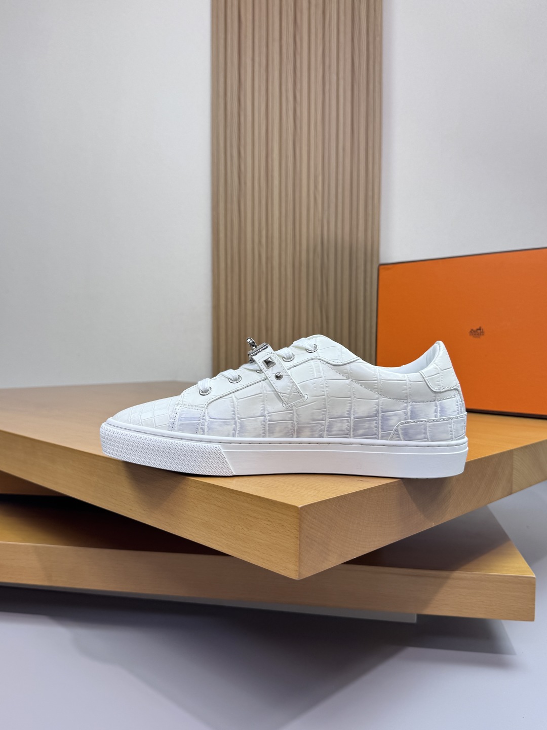Hermes Croc-Embossed Leather Sneakers White