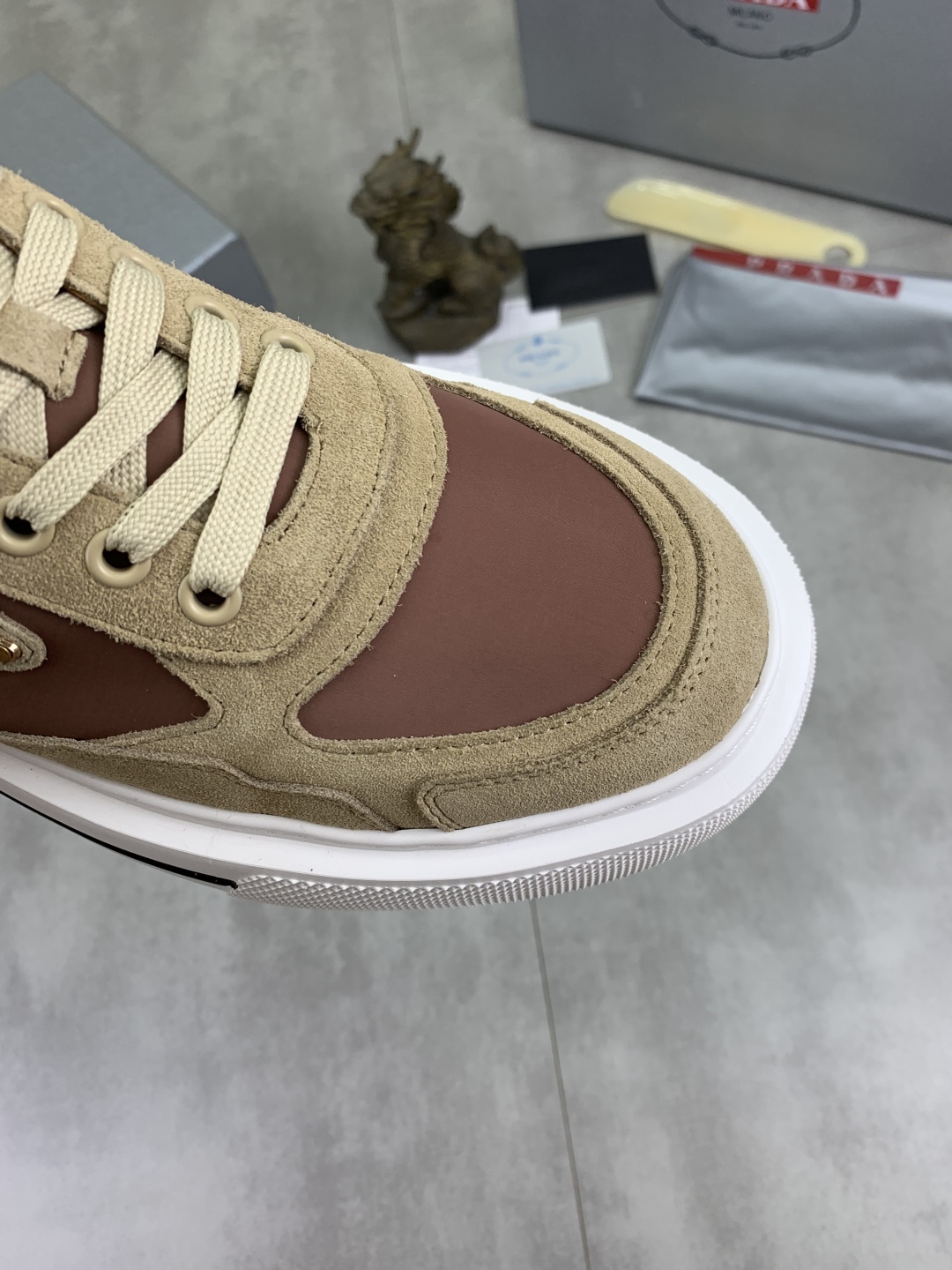 Prada Milano Leather Suede Low-Top Sneakers Khaki Brown
