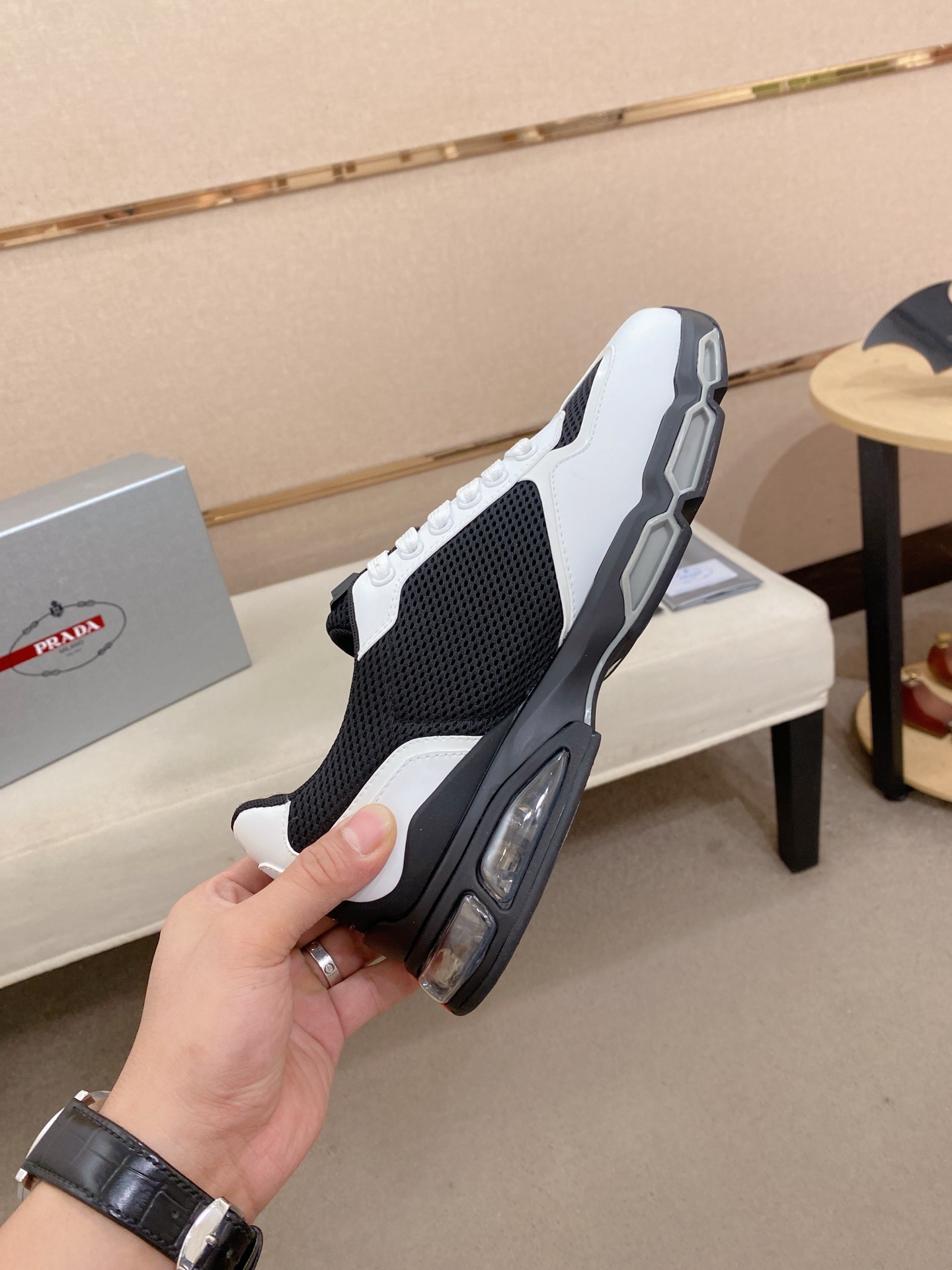 Prada Air-Cushion Mesh Sneakers Black/White