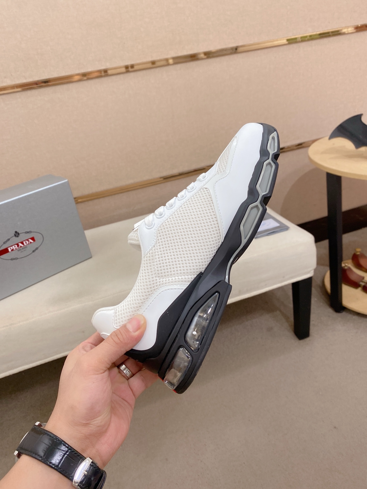 Prada Air-Cushion Mesh Sneakers White/Black