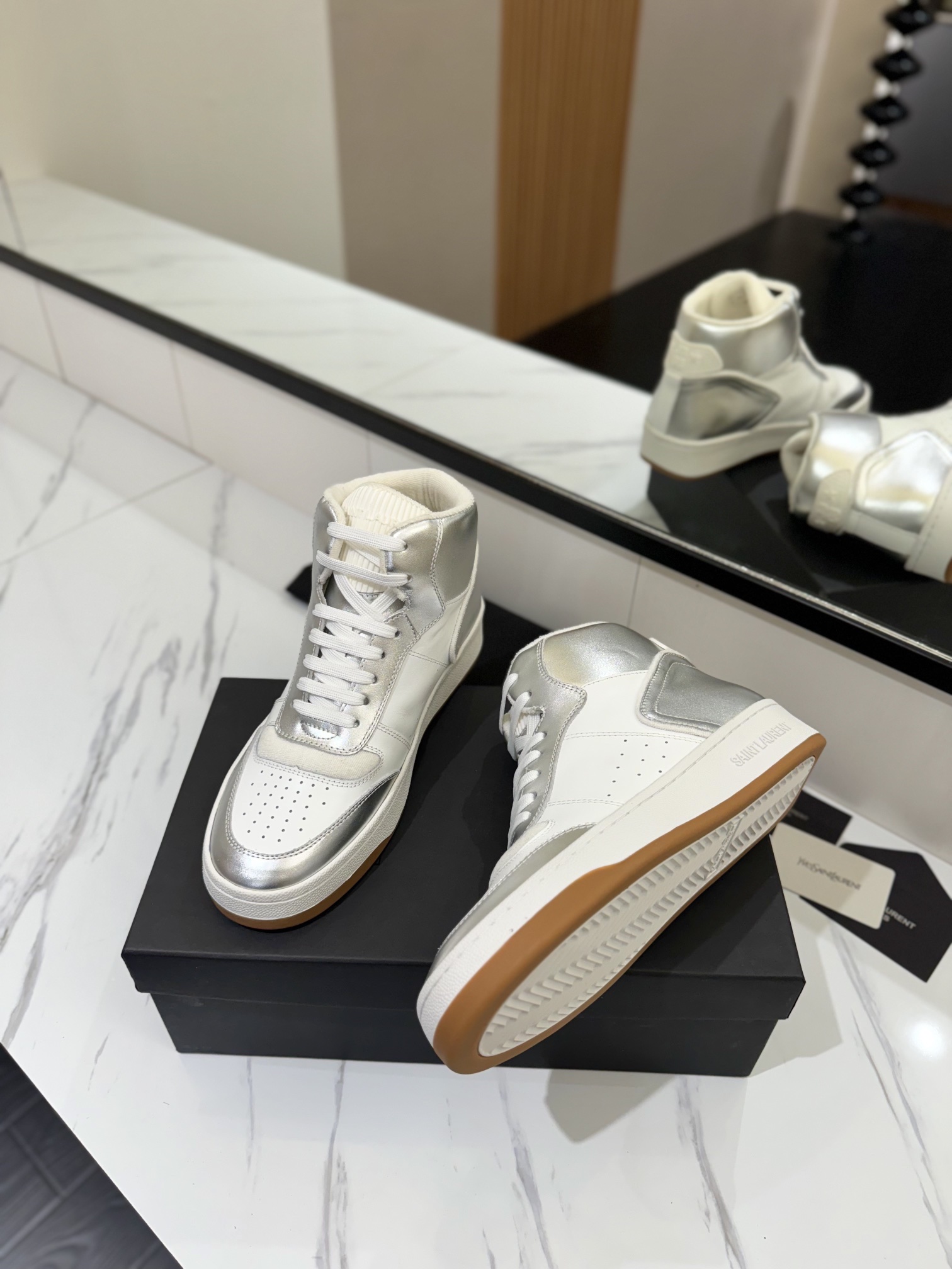 YSL SL61 Leather High-Top Sneakers Silver/White