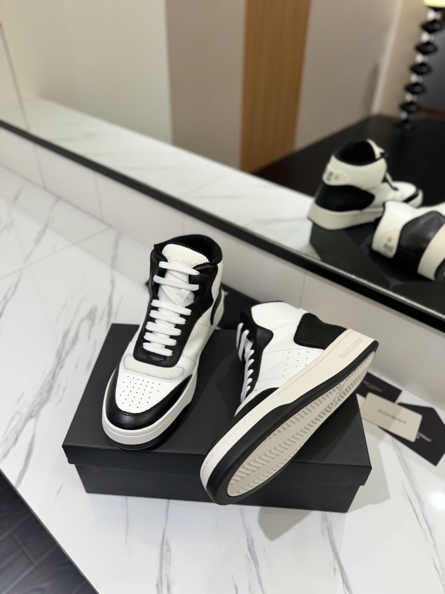 YSL SL61 Leather High-Top Sneakers Black White