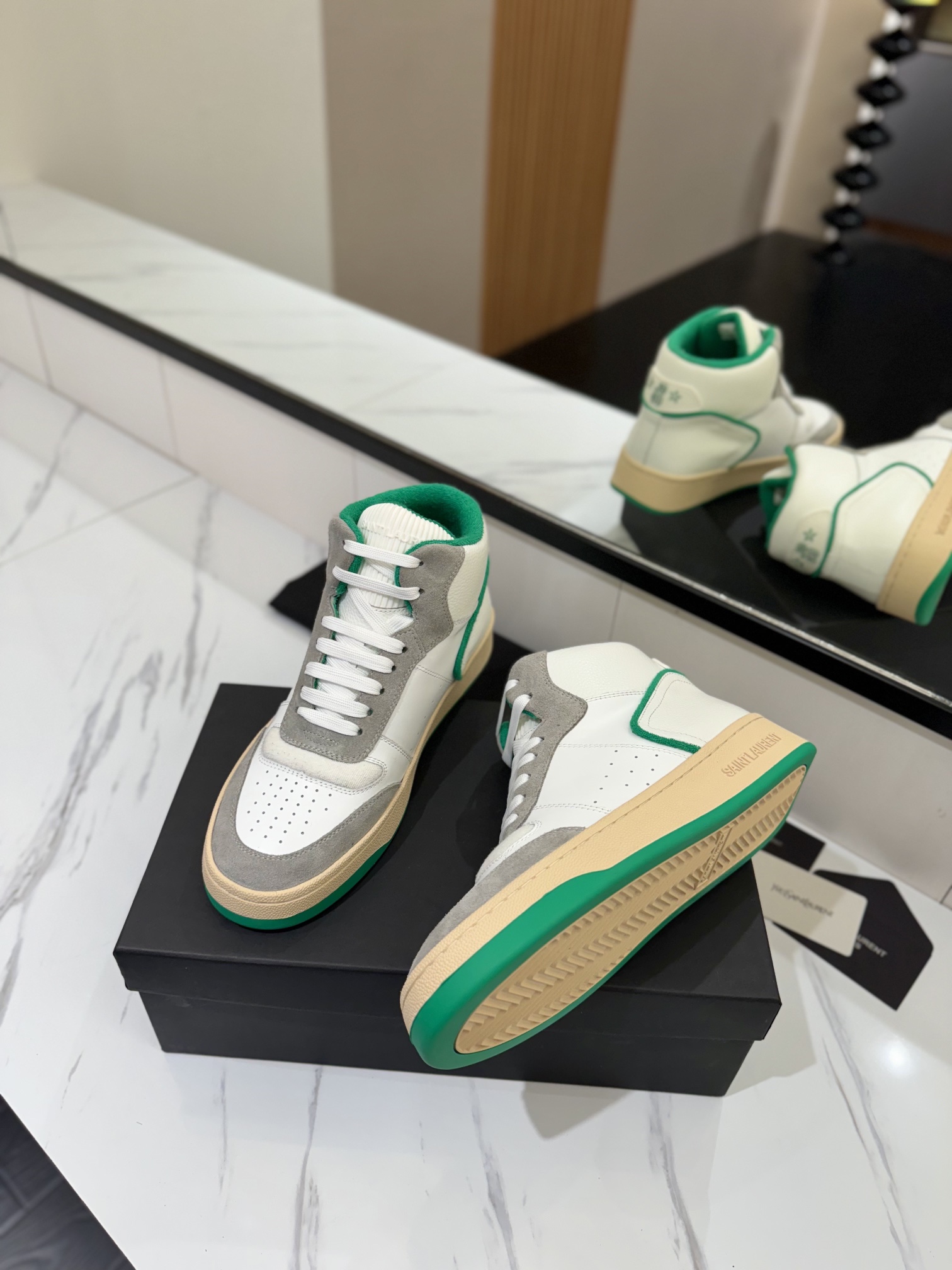 YSL SL61 Leather High-Top Sneakers White/Green