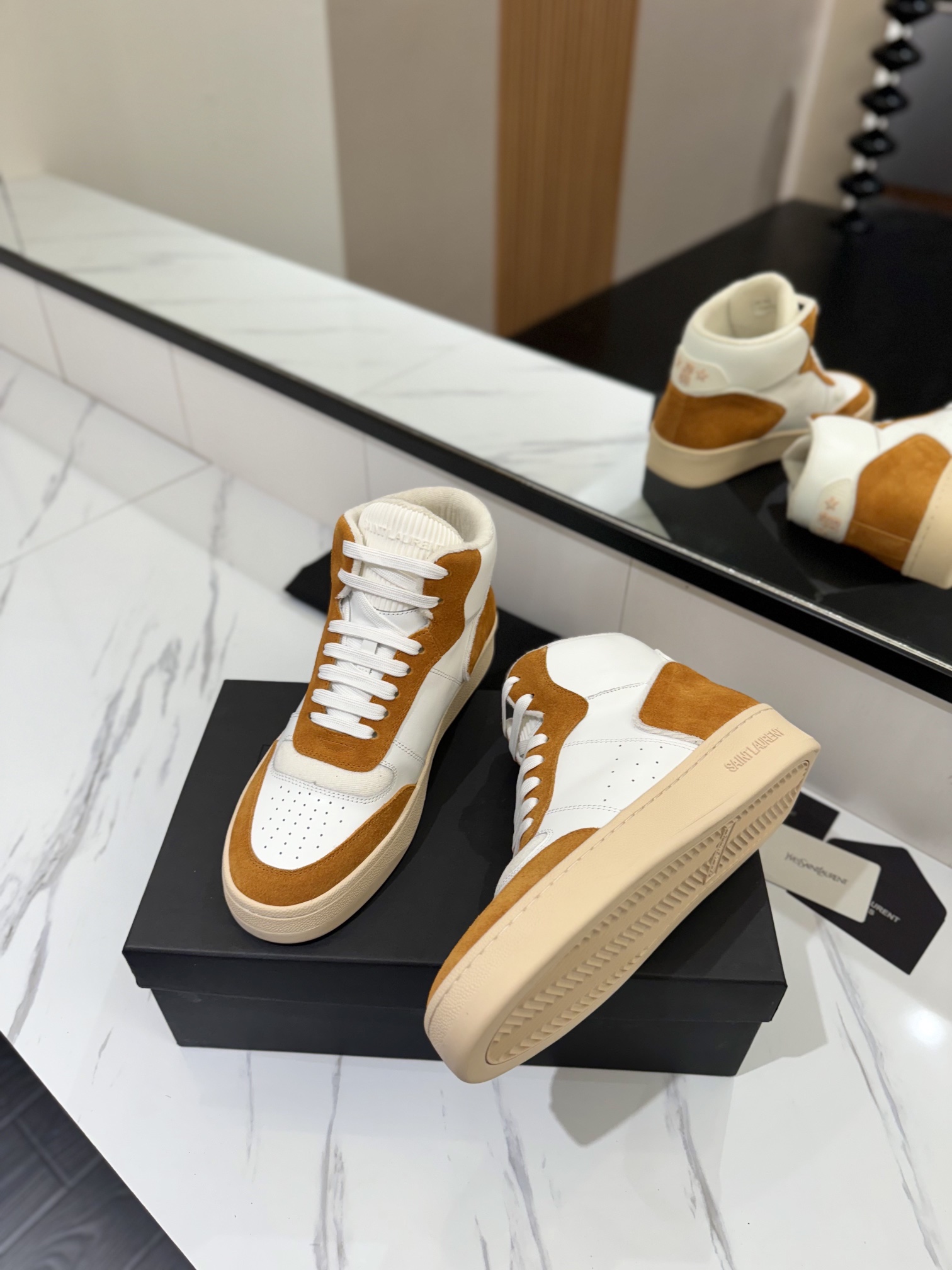 YSL SL80 High-Top Sneakers White/Brown