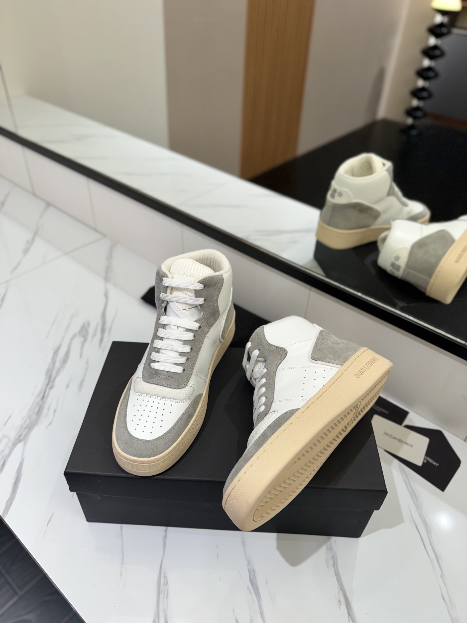 Saint Laurent SL61 Leather High-Top Sneakers White/Grey