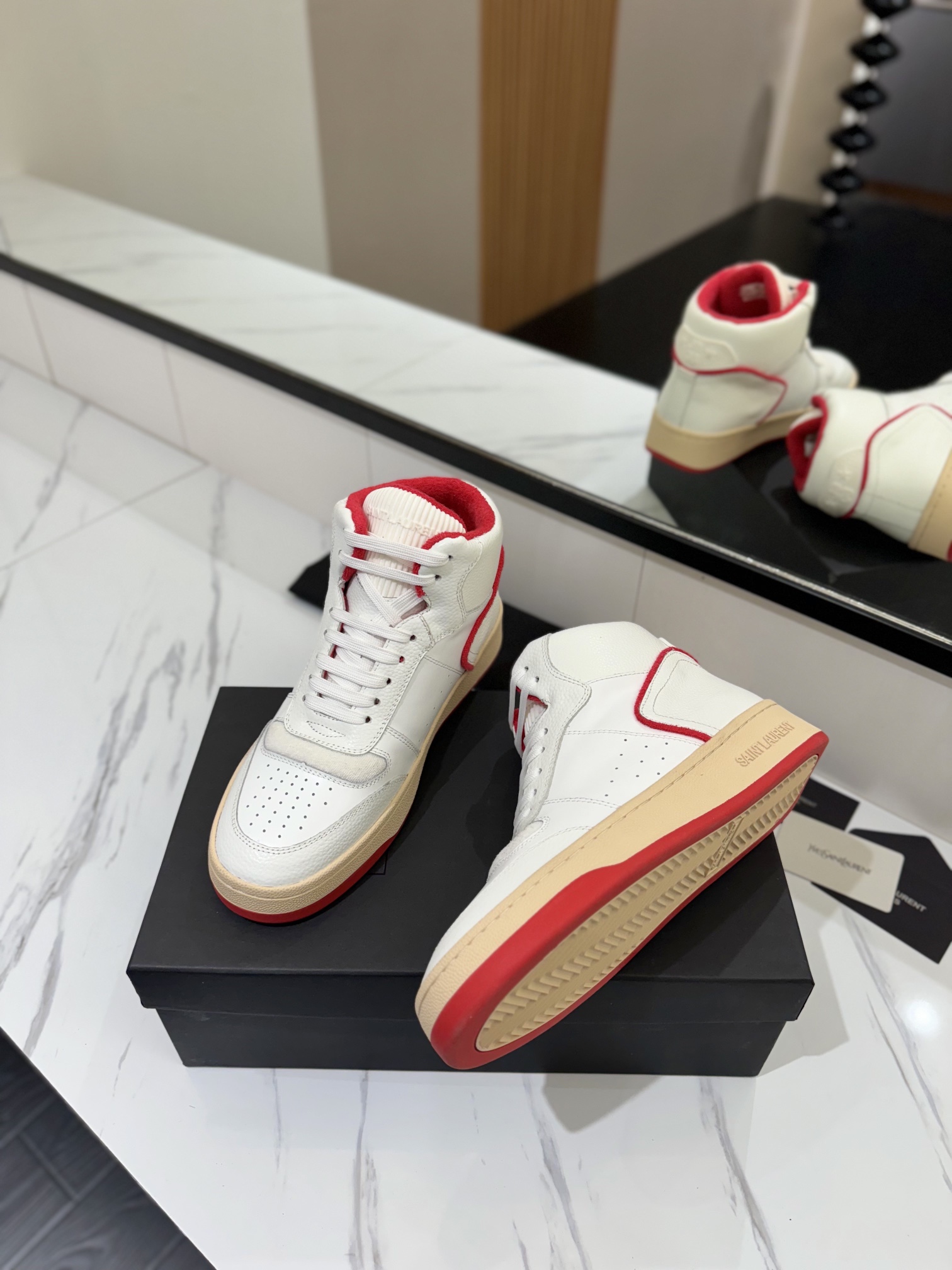 YSL SL61 Leather High-Top Sneakers White/Red
