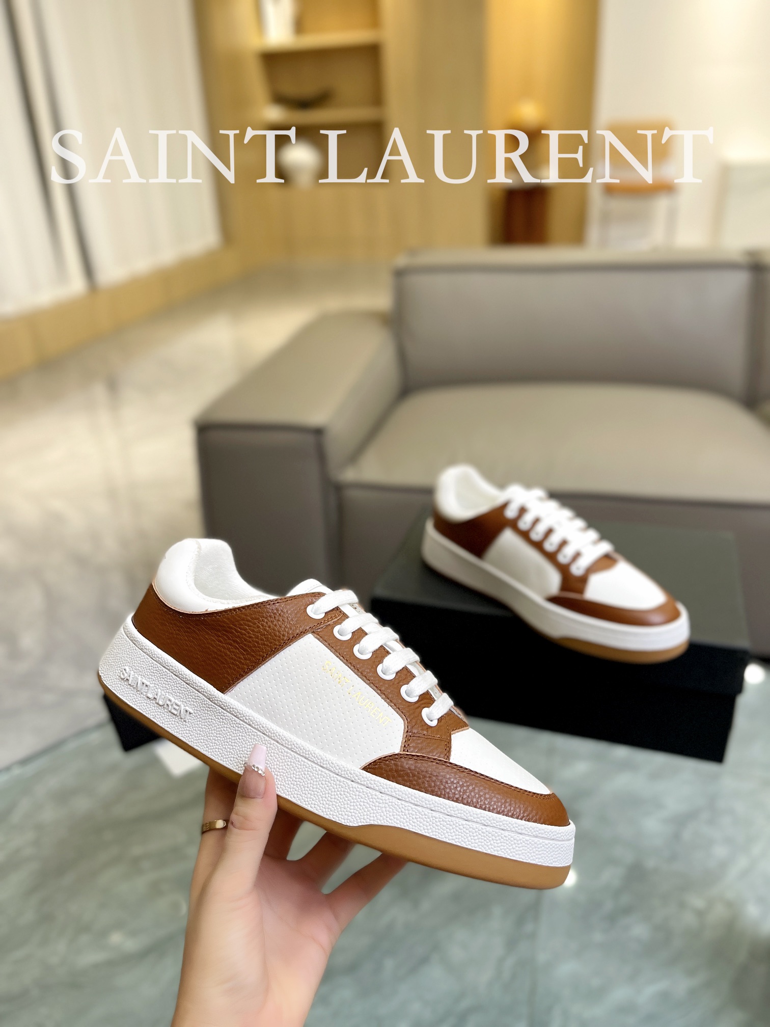 YSL SL61 Leather Sneakers Brown/White
