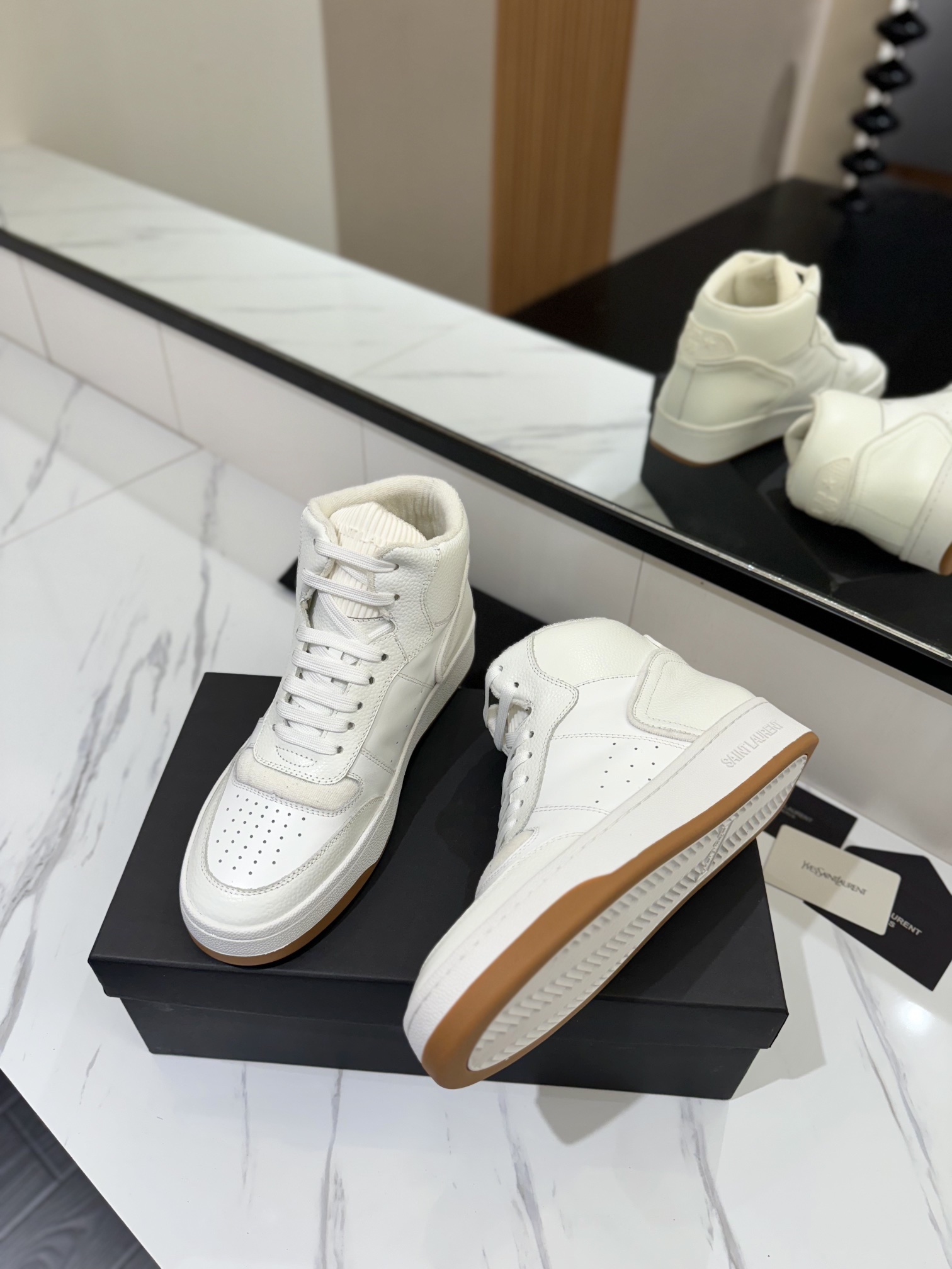 YSL SL61 Leather High-Top Sneakers White