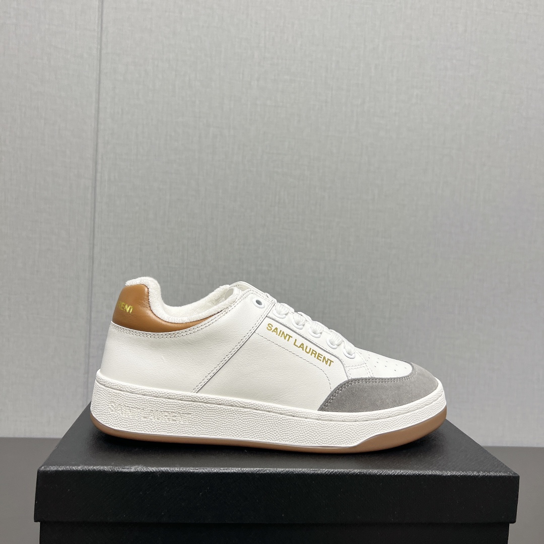 YSL SL/61 Low-Top Leather Sneakers White/Grey/Tan