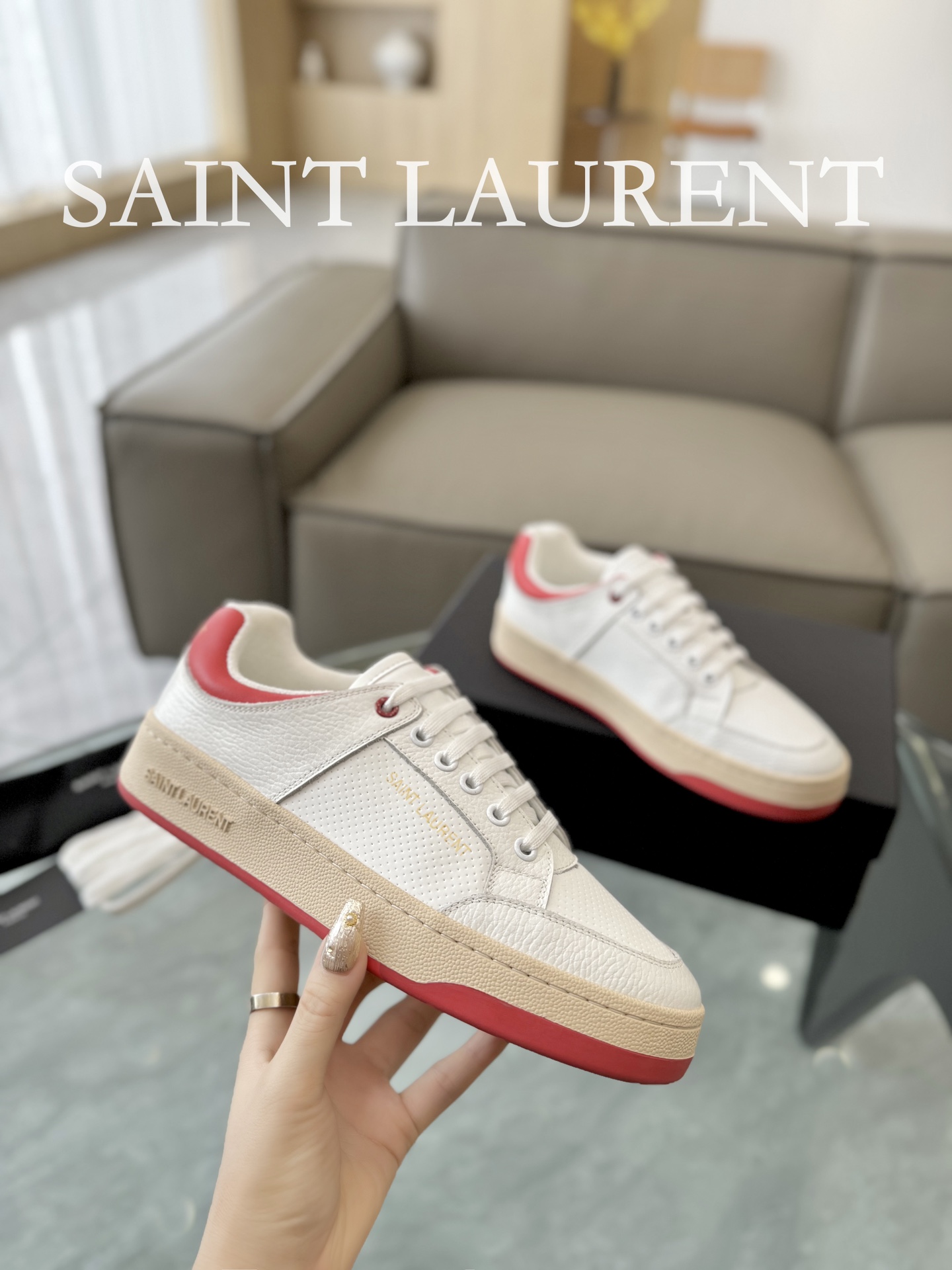 YSL SL61 Leather Low-Top Sneakers White/Red