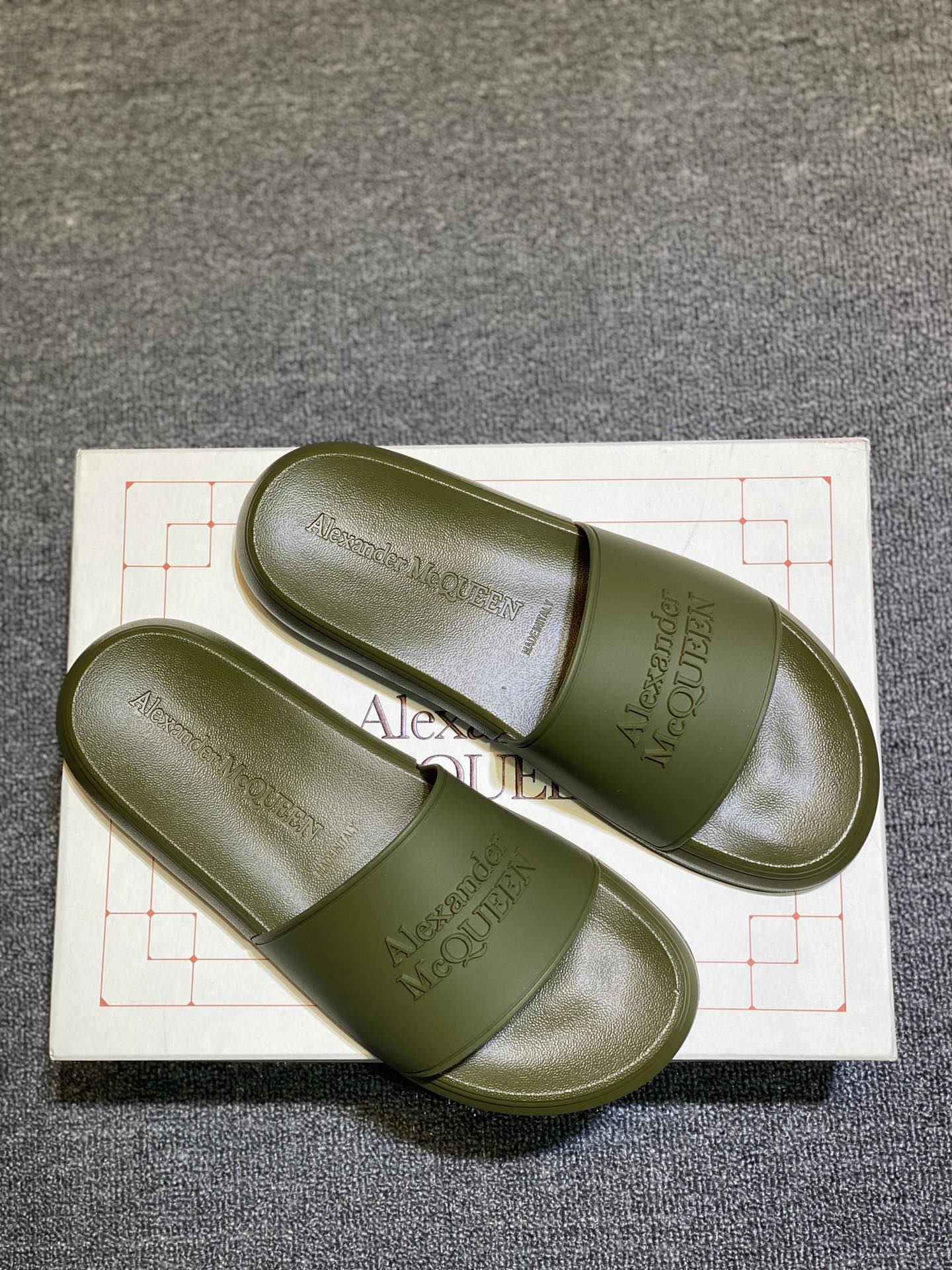 Alexander McQueen Logo Slide Sandals Olive Green