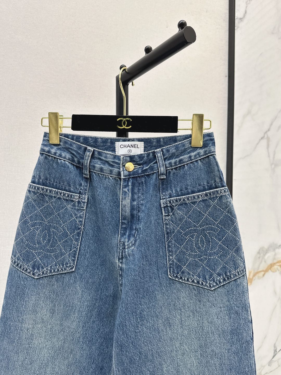 Chanel Logo Quilted Straight Jeans Blue