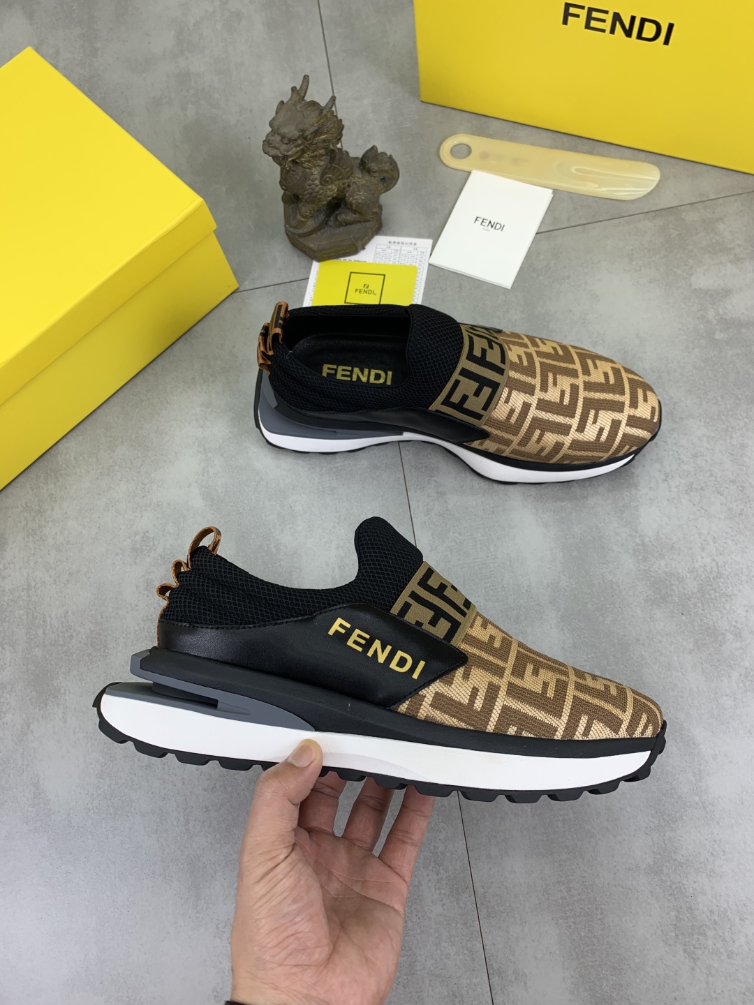 Fendi FF Logo Slip-On Driving Sneakers Brown