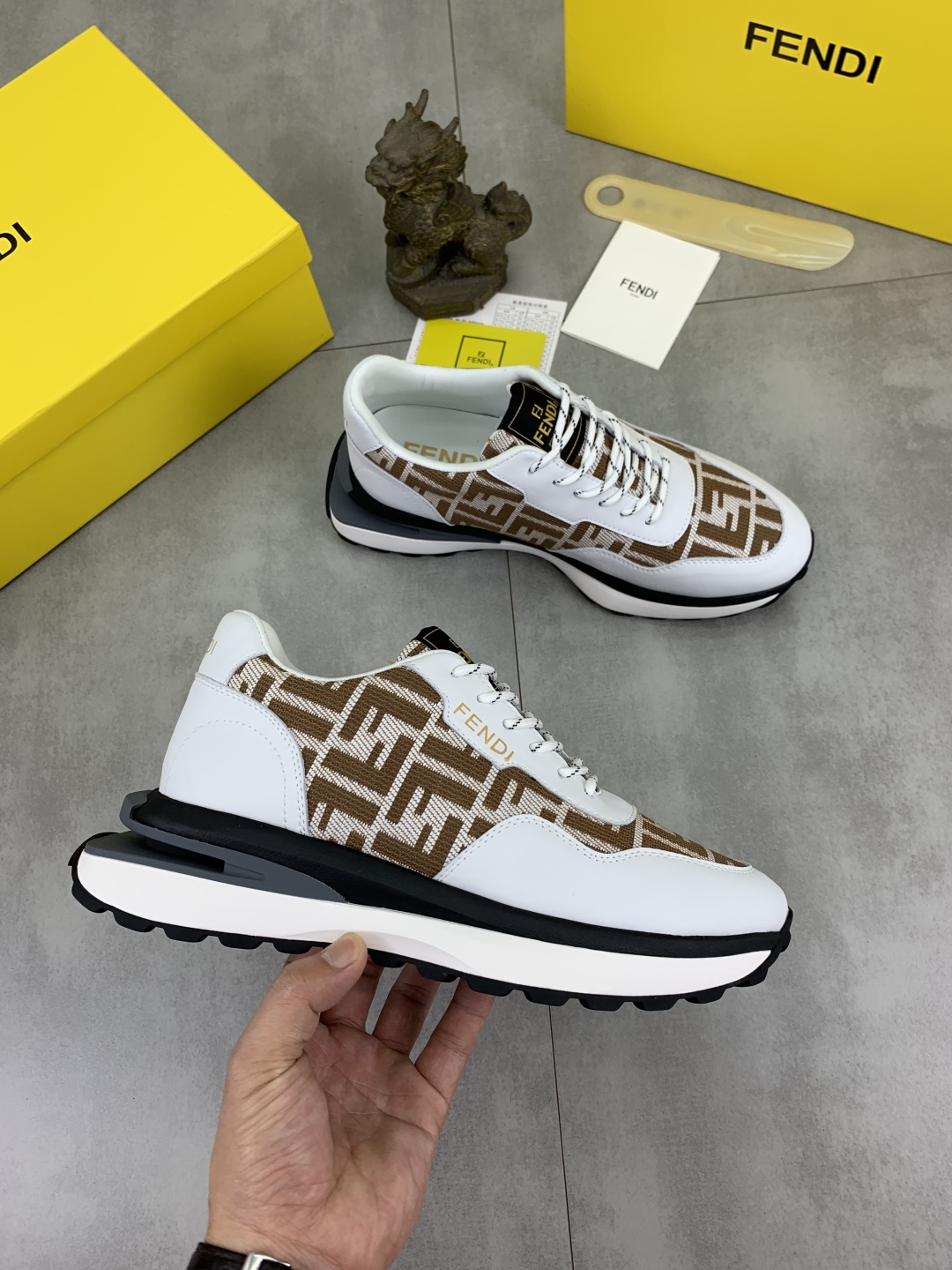 Fendi FF Logo Driving Sneakers White/Brown