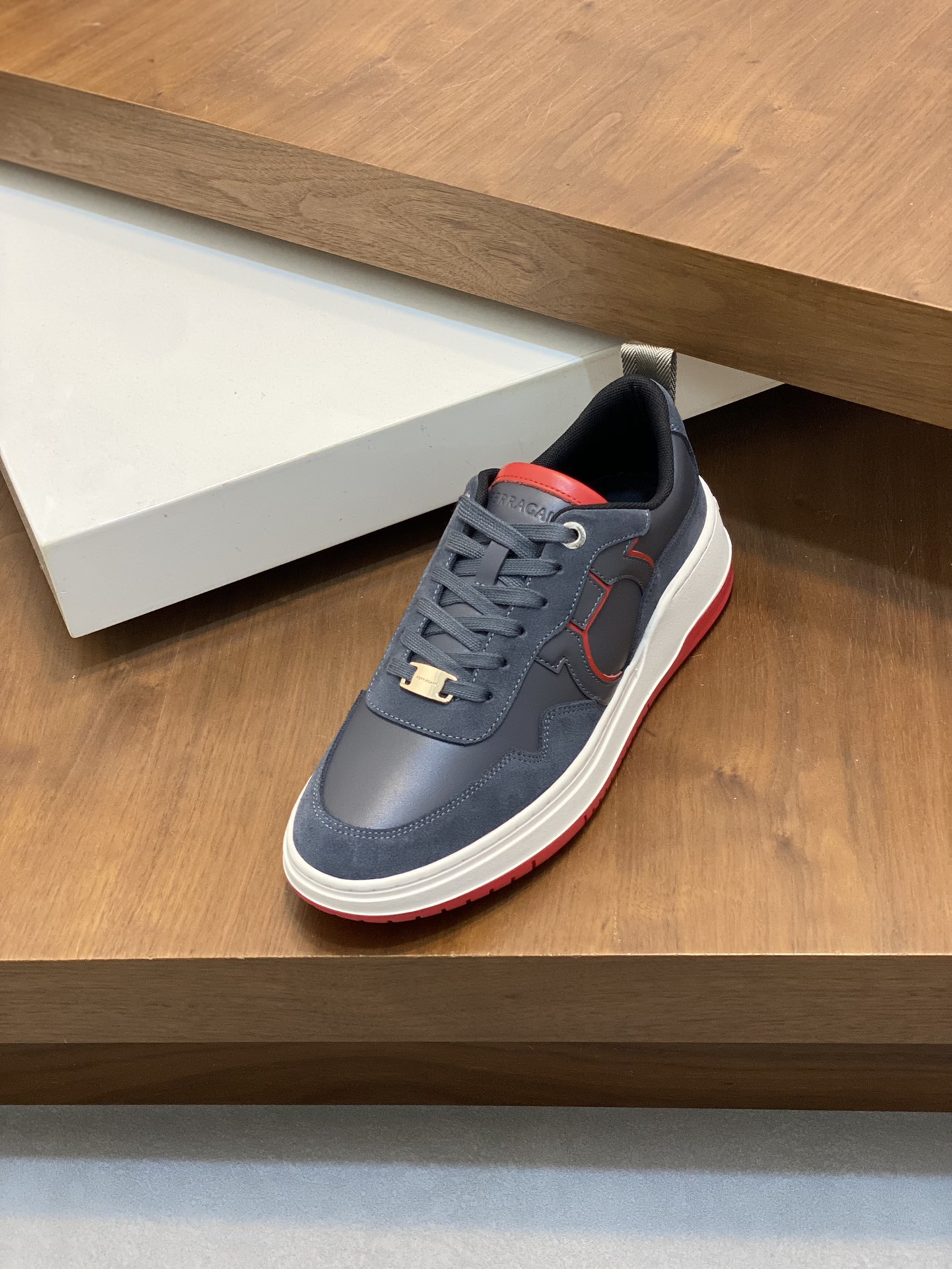 Ferragamo Nappa Leather Logo Sneakers Navy Red