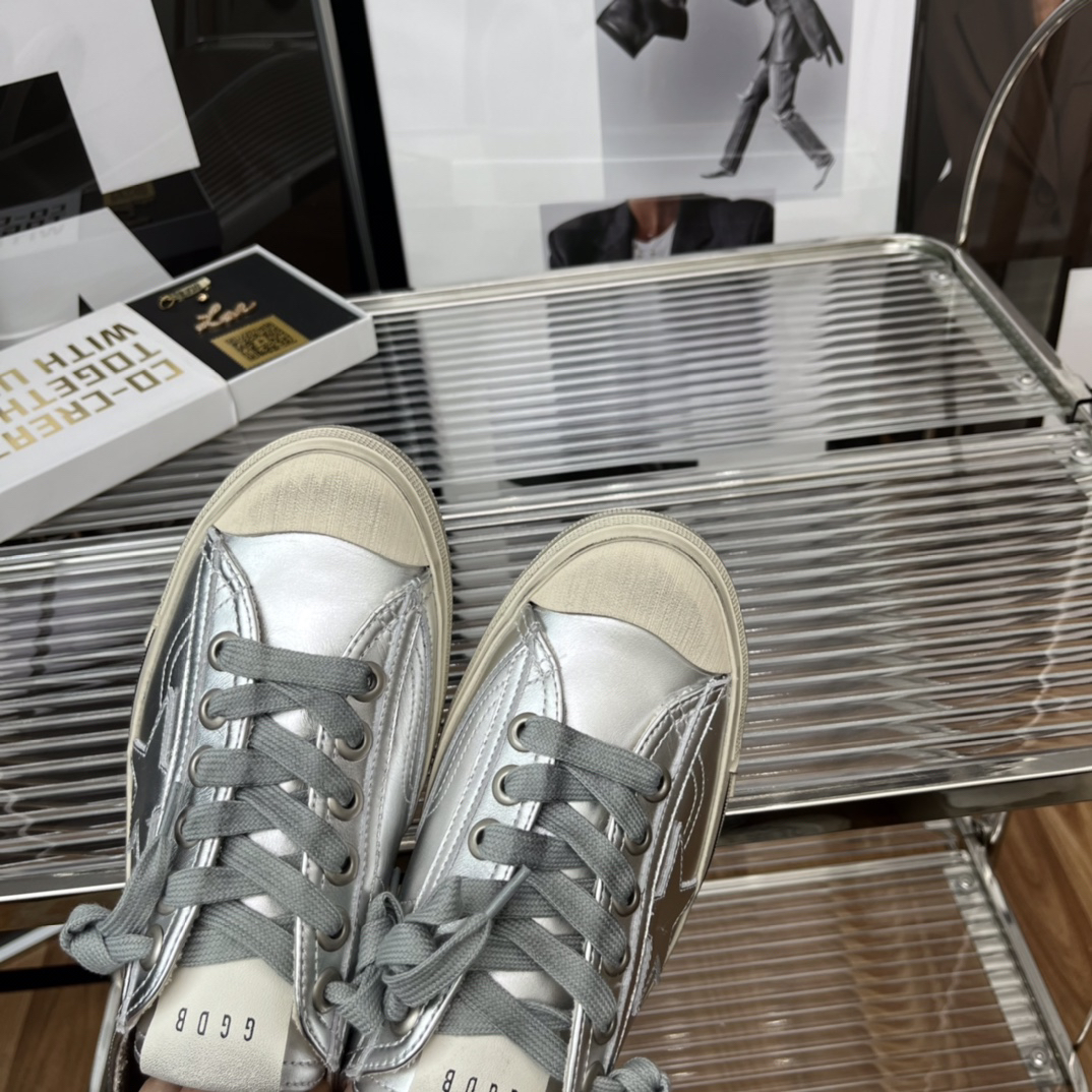 Golden Goose V-Star2 Distressed Sneakers Silver
