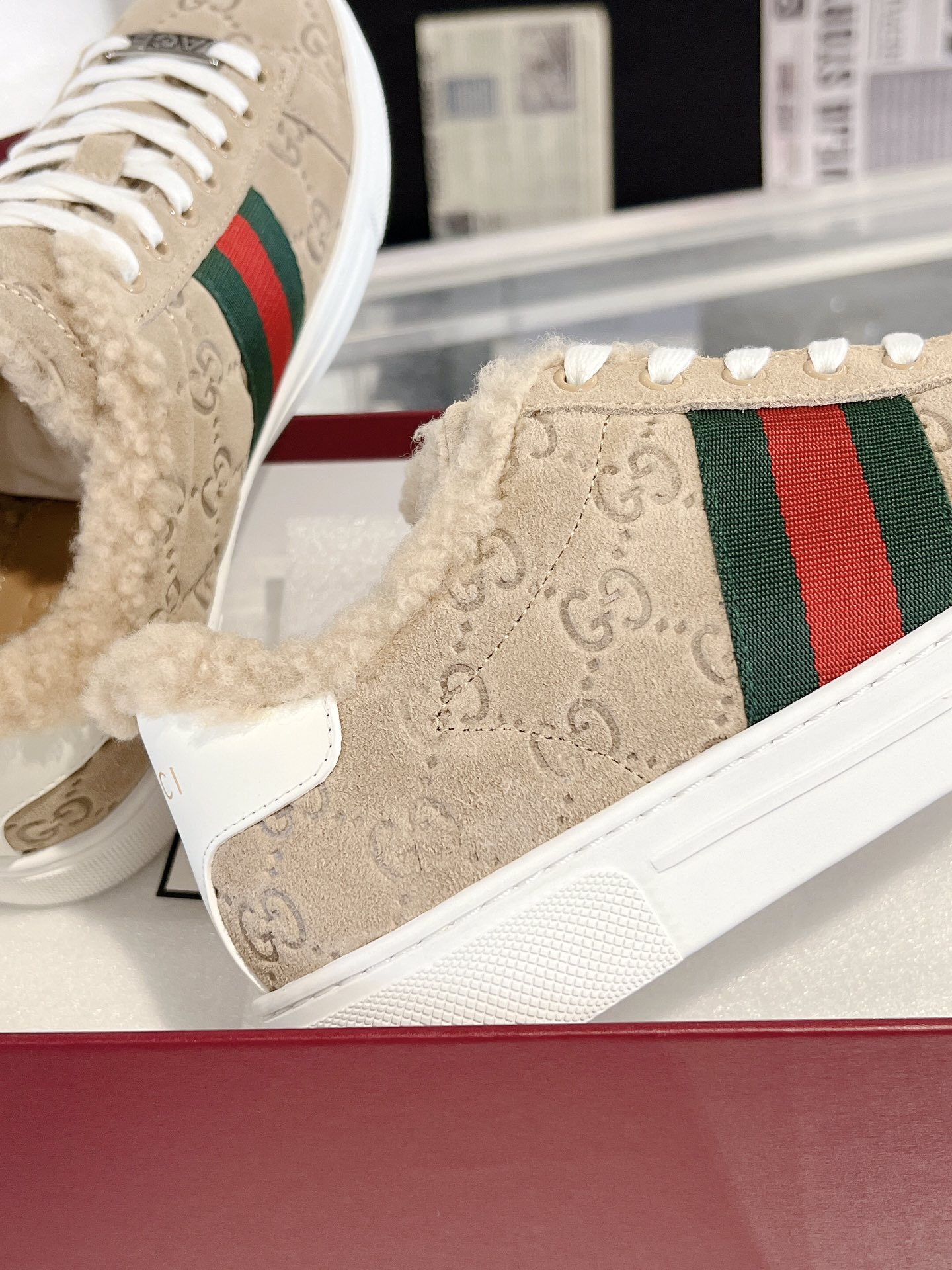 Gucci Ace GG Suede Shearling Sneakers Beige