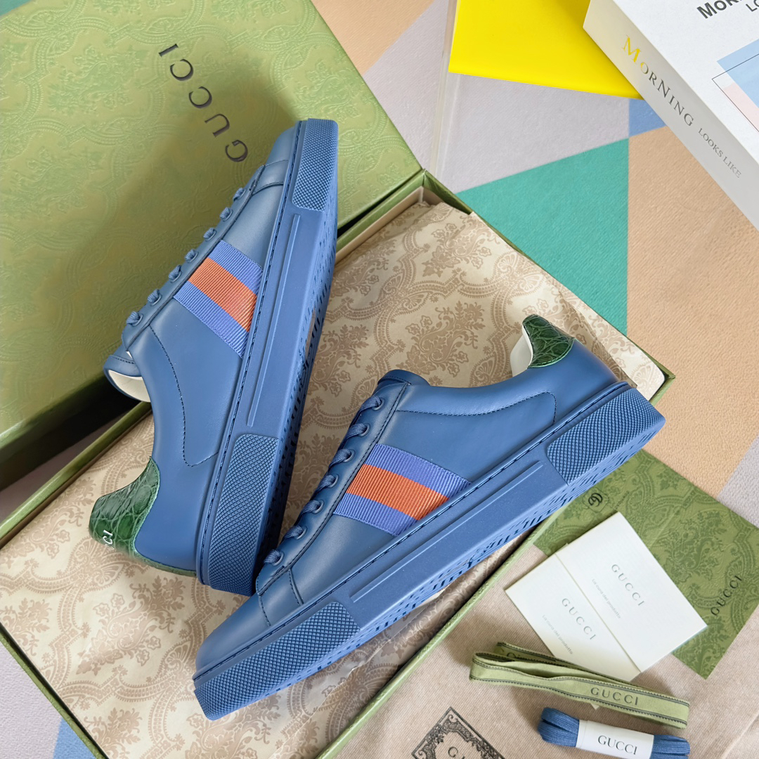Gucci Ace Leather Low-Top Sneakers Blue